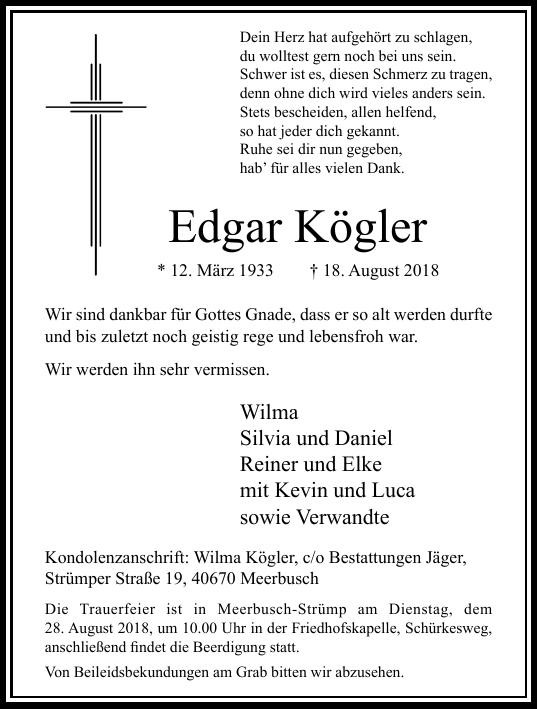 Traueranzeige von Edgar Kögler