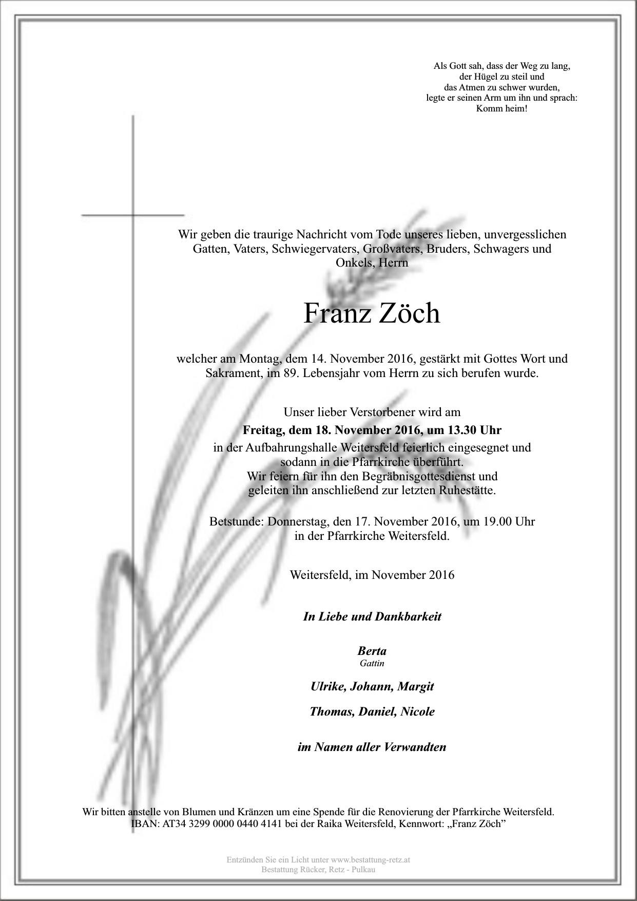 Traueranzeige von Franz Zöch