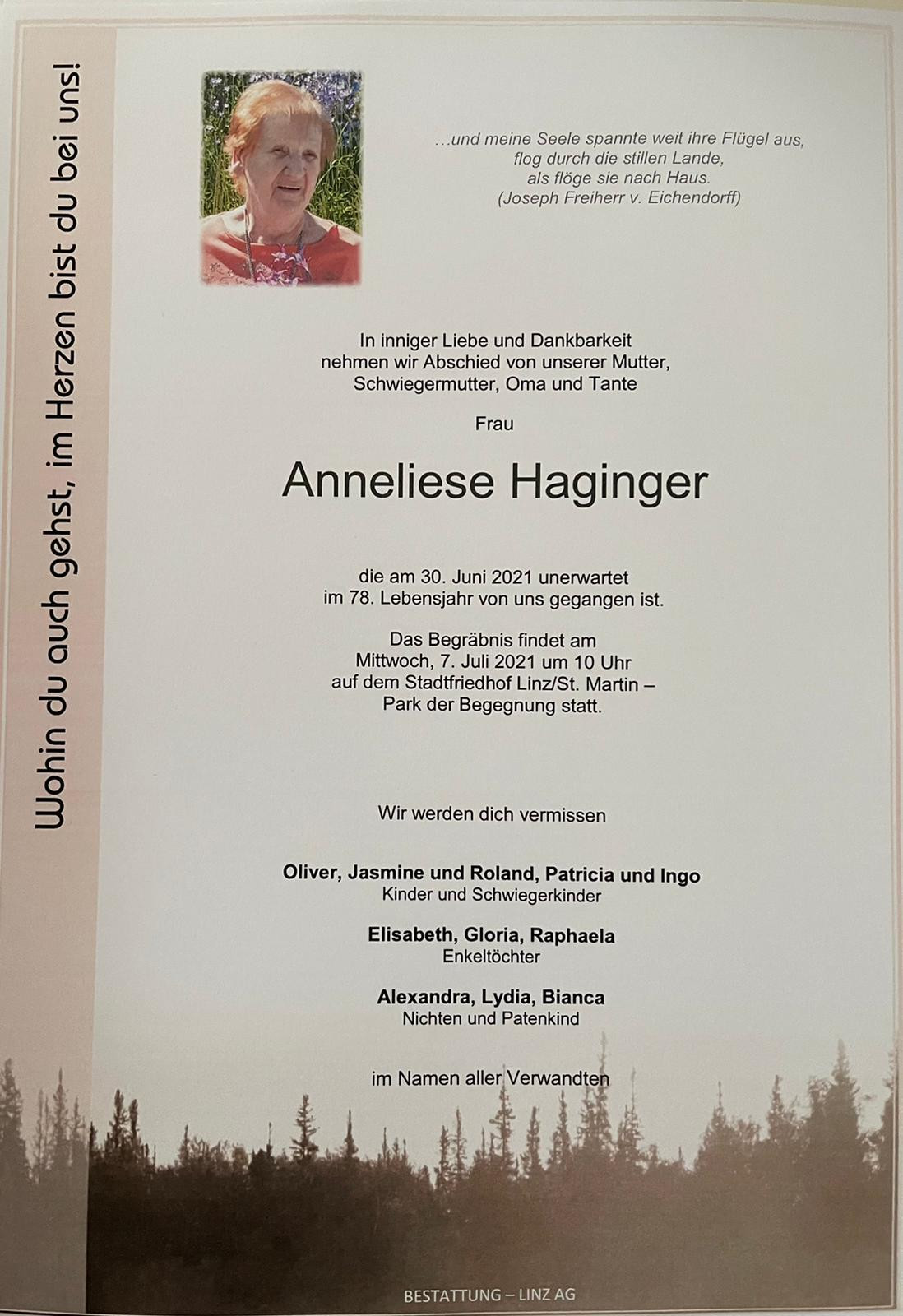 Traueranzeige von Anneliese Haginger