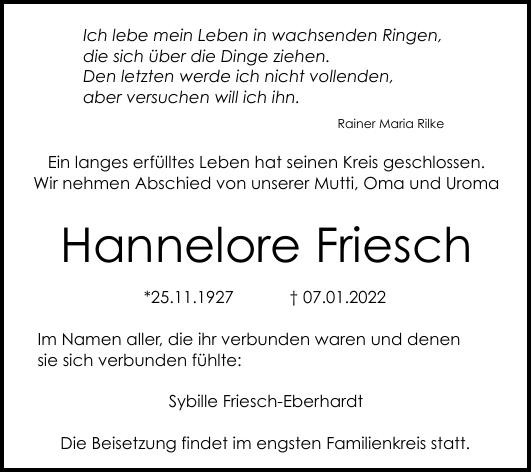 Traueranzeige von Hannelore Friesch