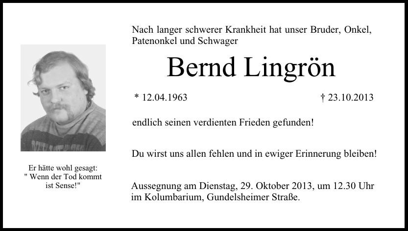 Traueranzeige von Bernd Lingrön