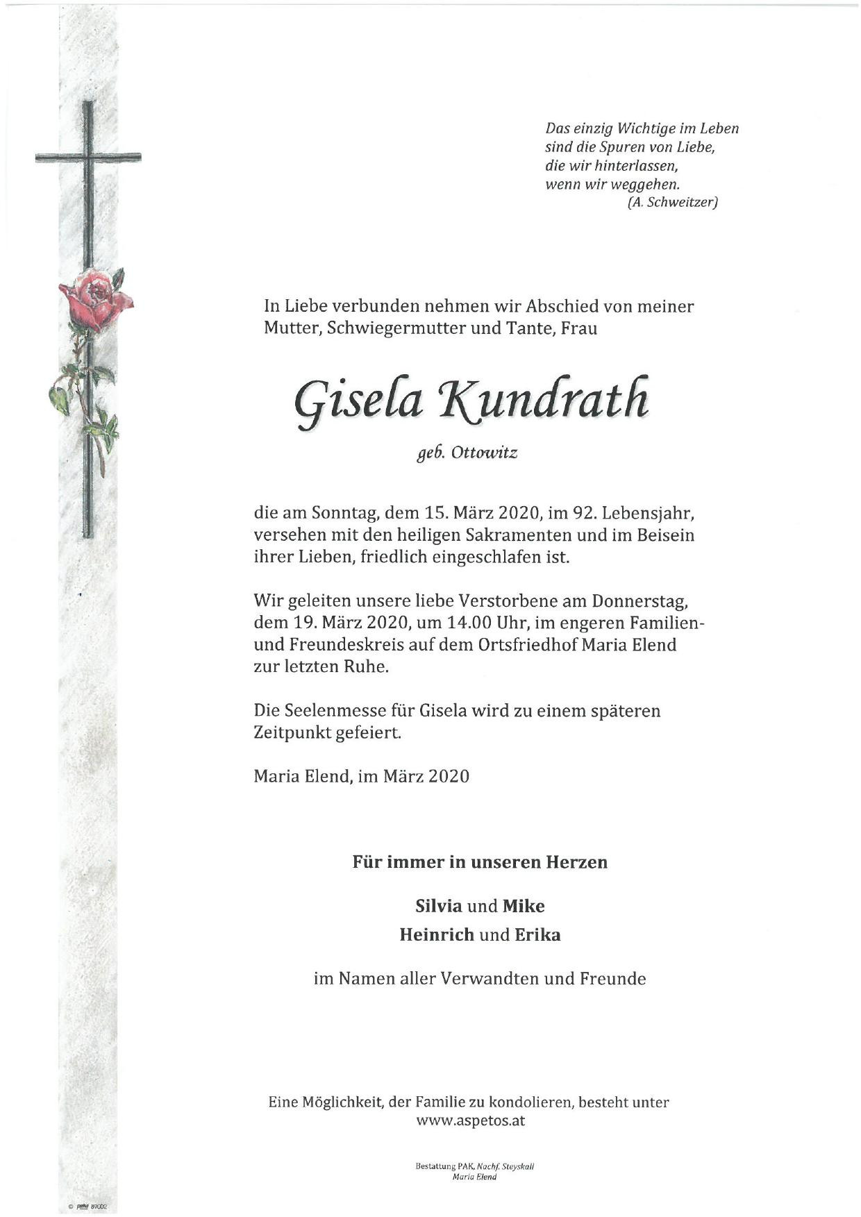 Traueranzeige von Gisela Kundrath
