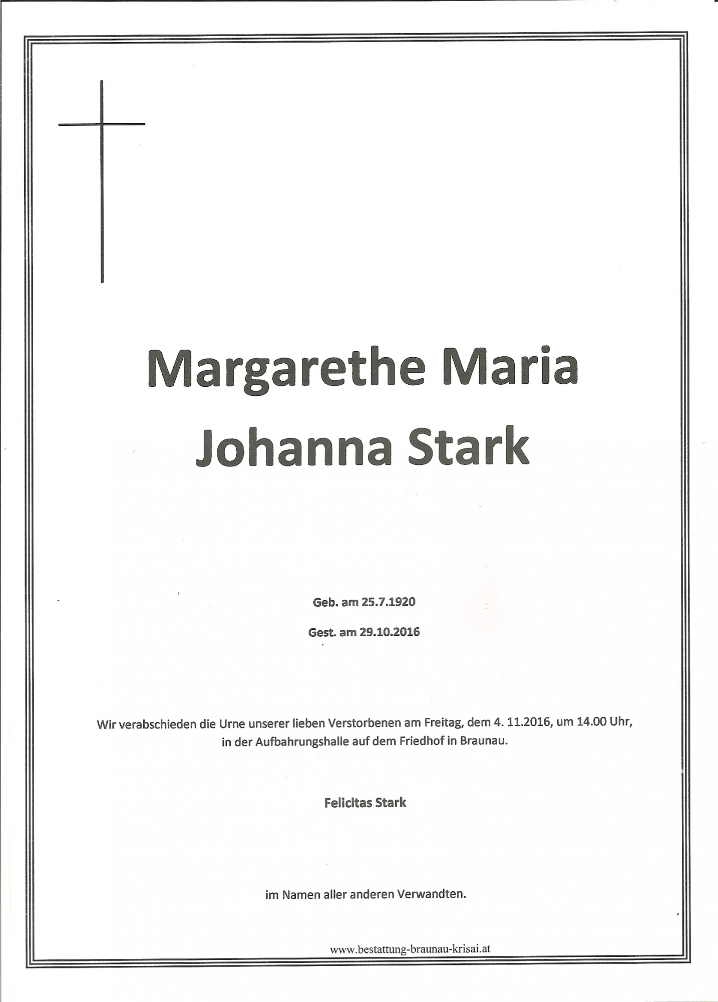 Traueranzeige von Margarethe Maria Johanna Stark