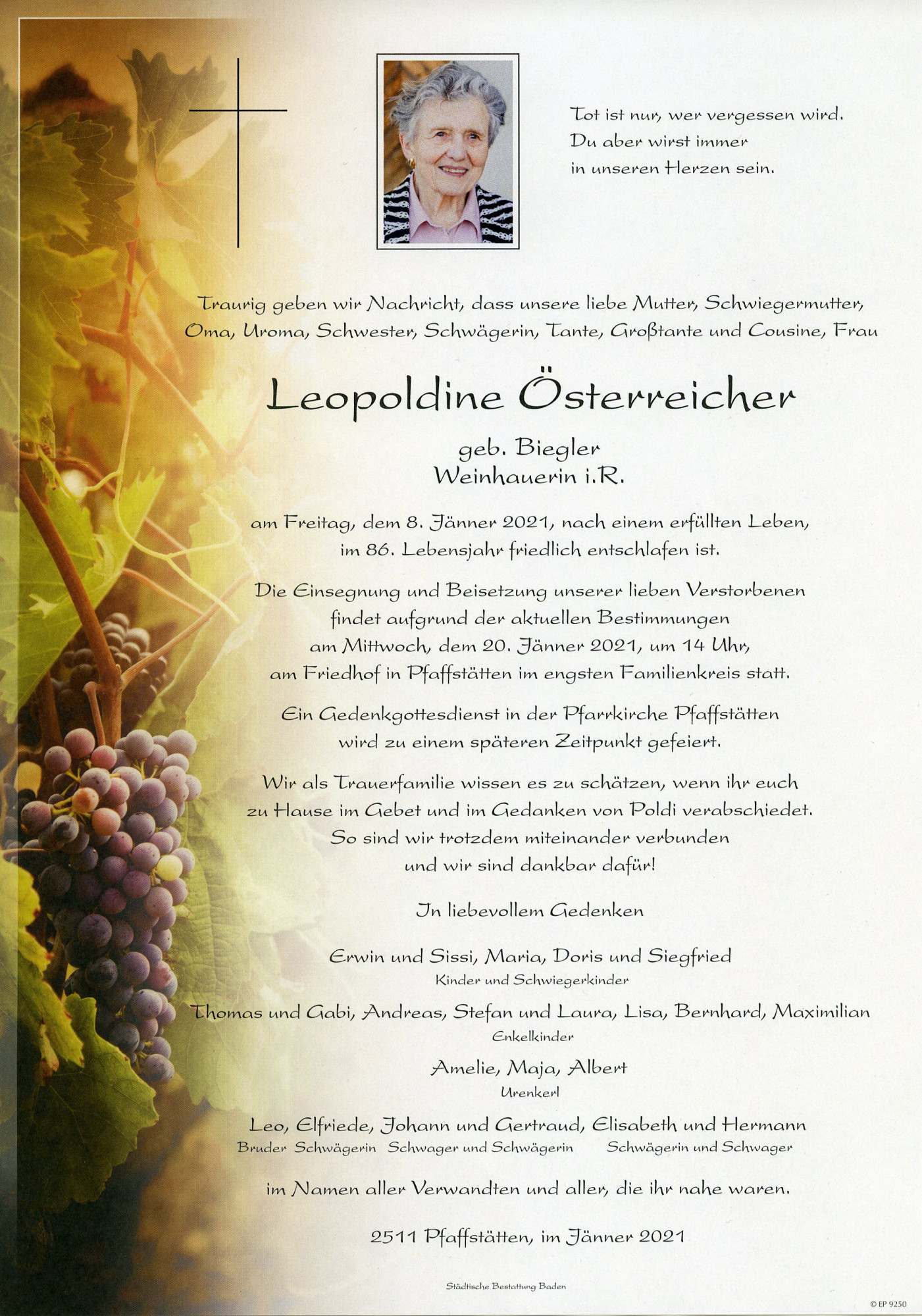 Traueranzeige von Leopoldine Österreich