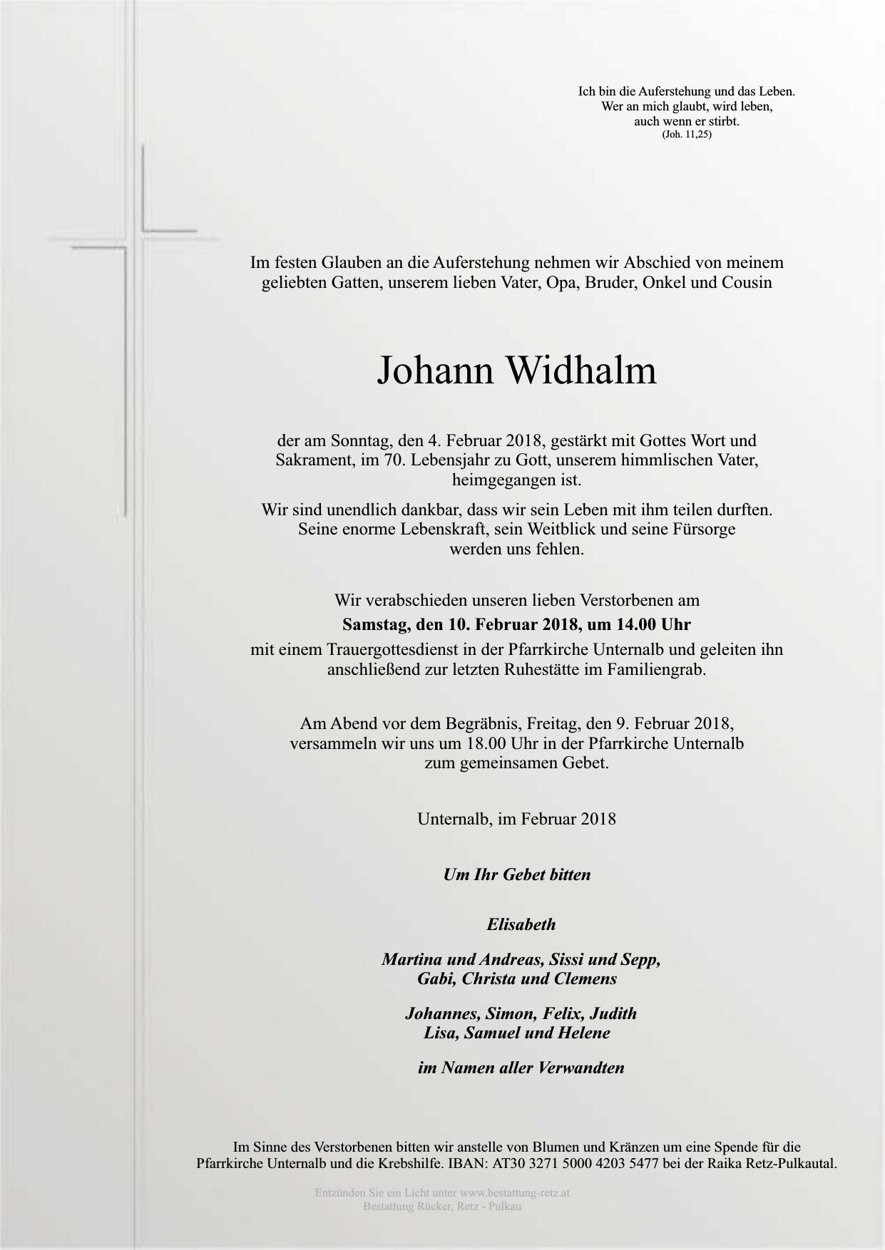 Traueranzeige von Johann Widhalm