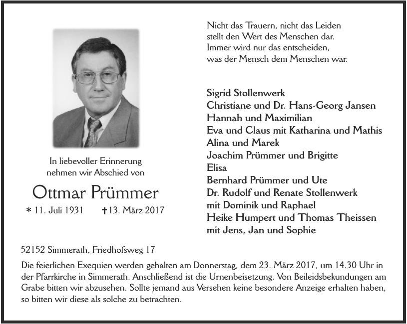Traueranzeige von Ottmar Prümmer