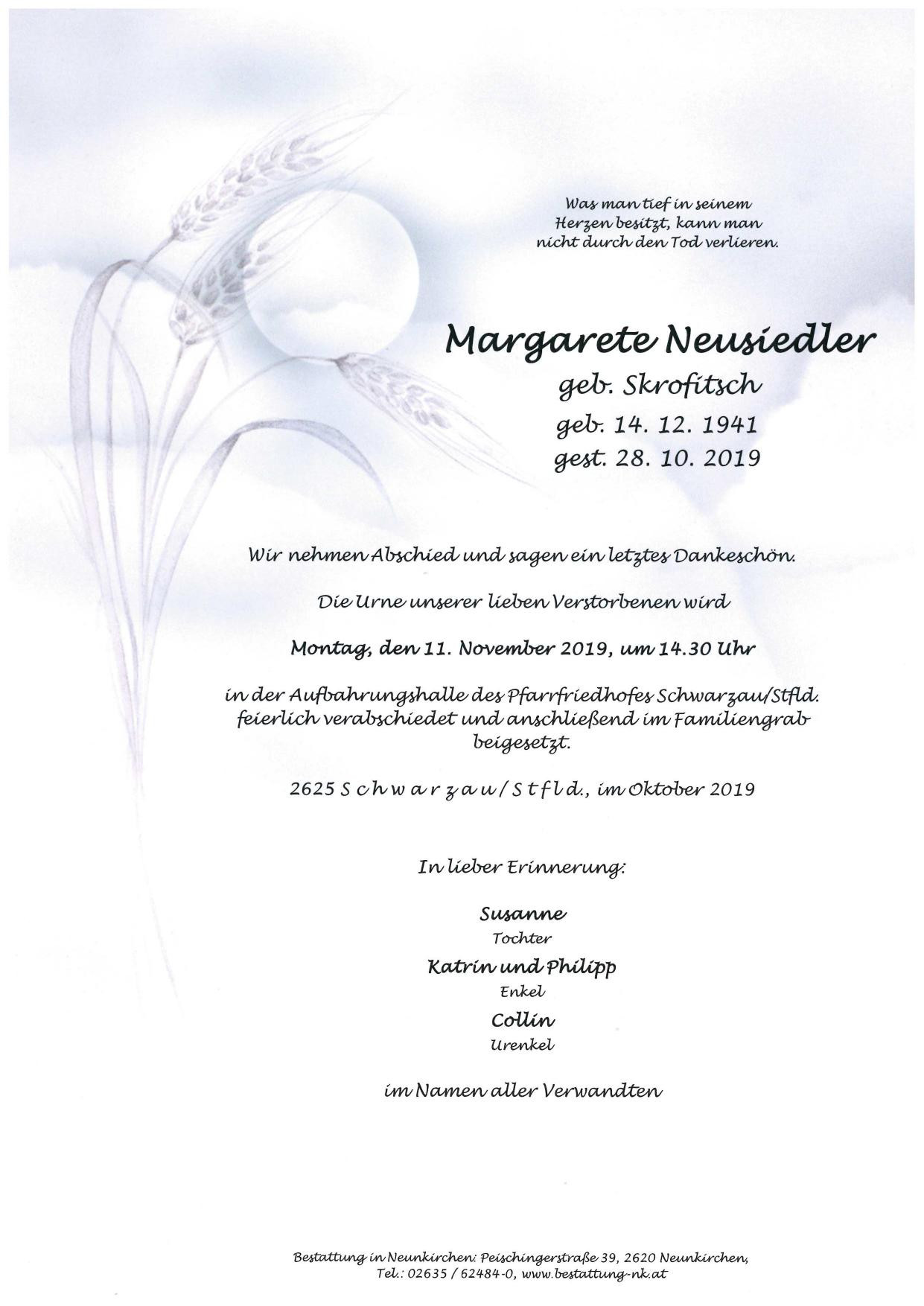 Traueranzeige von Margarete Neusiedler