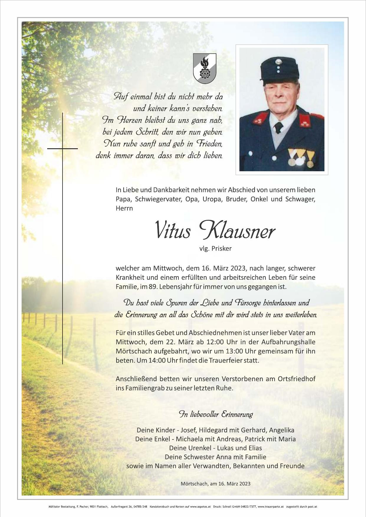 Traueranzeige von Vitus Klausner
