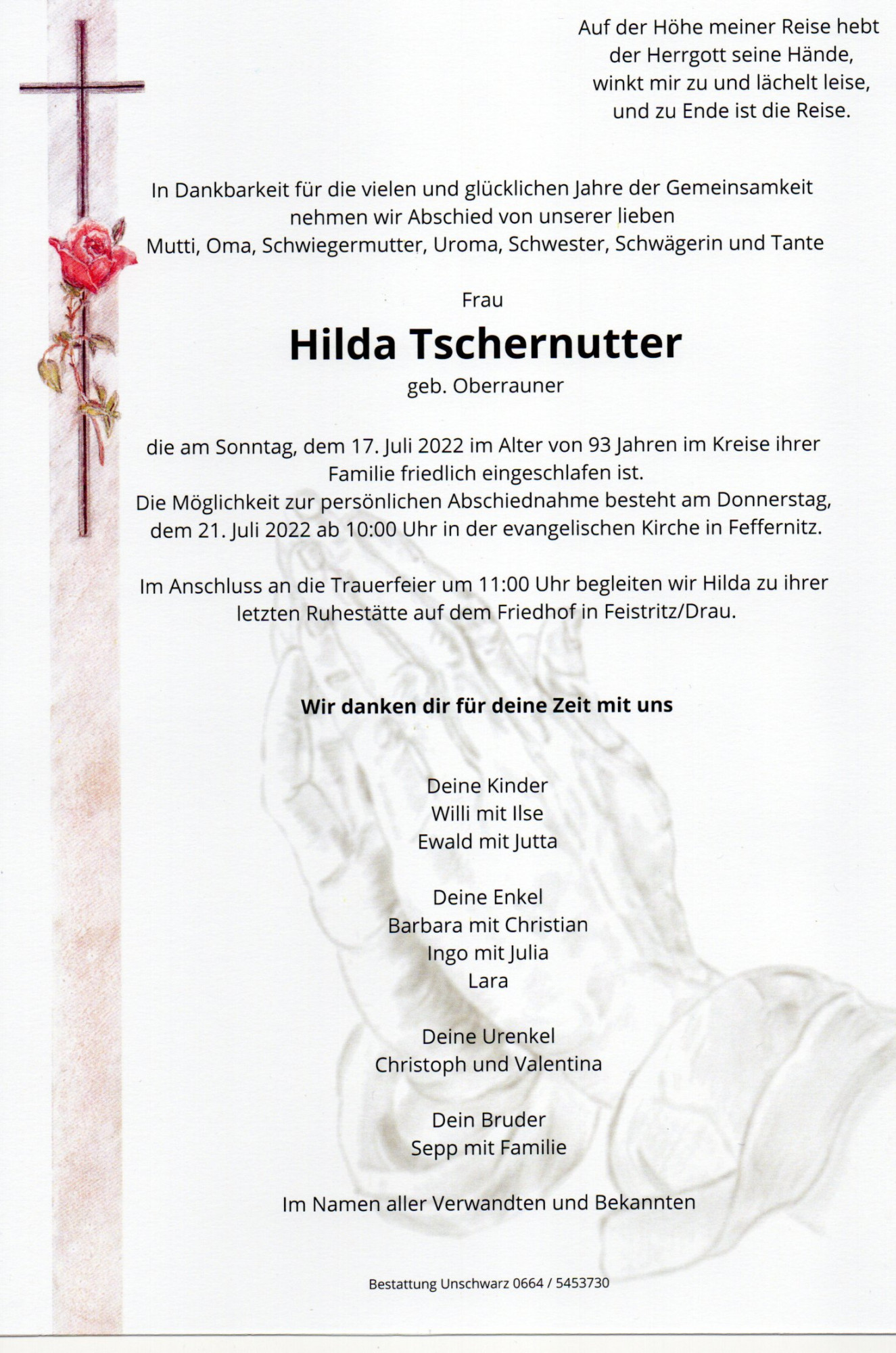 Traueranzeige von Hilda Tschernutter