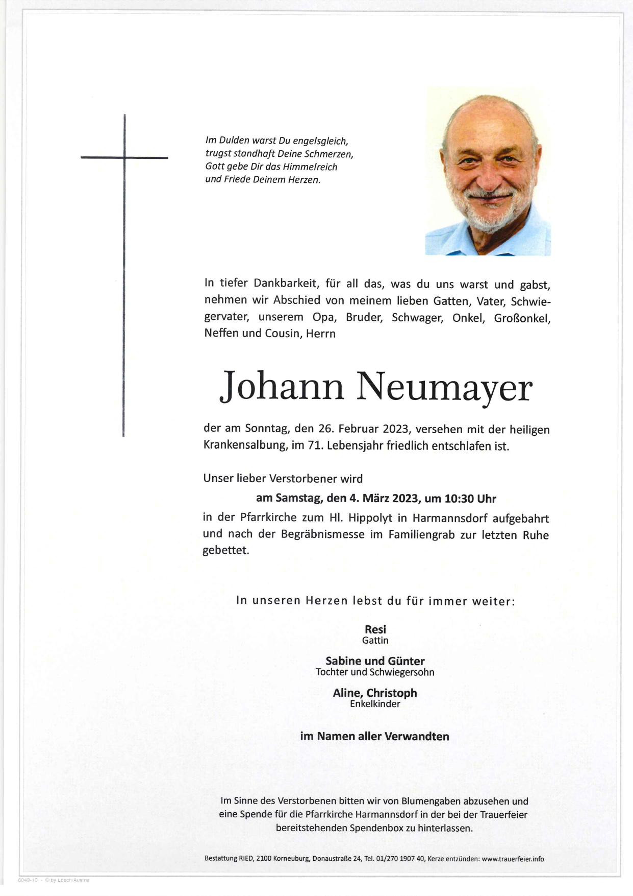 Traueranzeige von Johann Neumayer