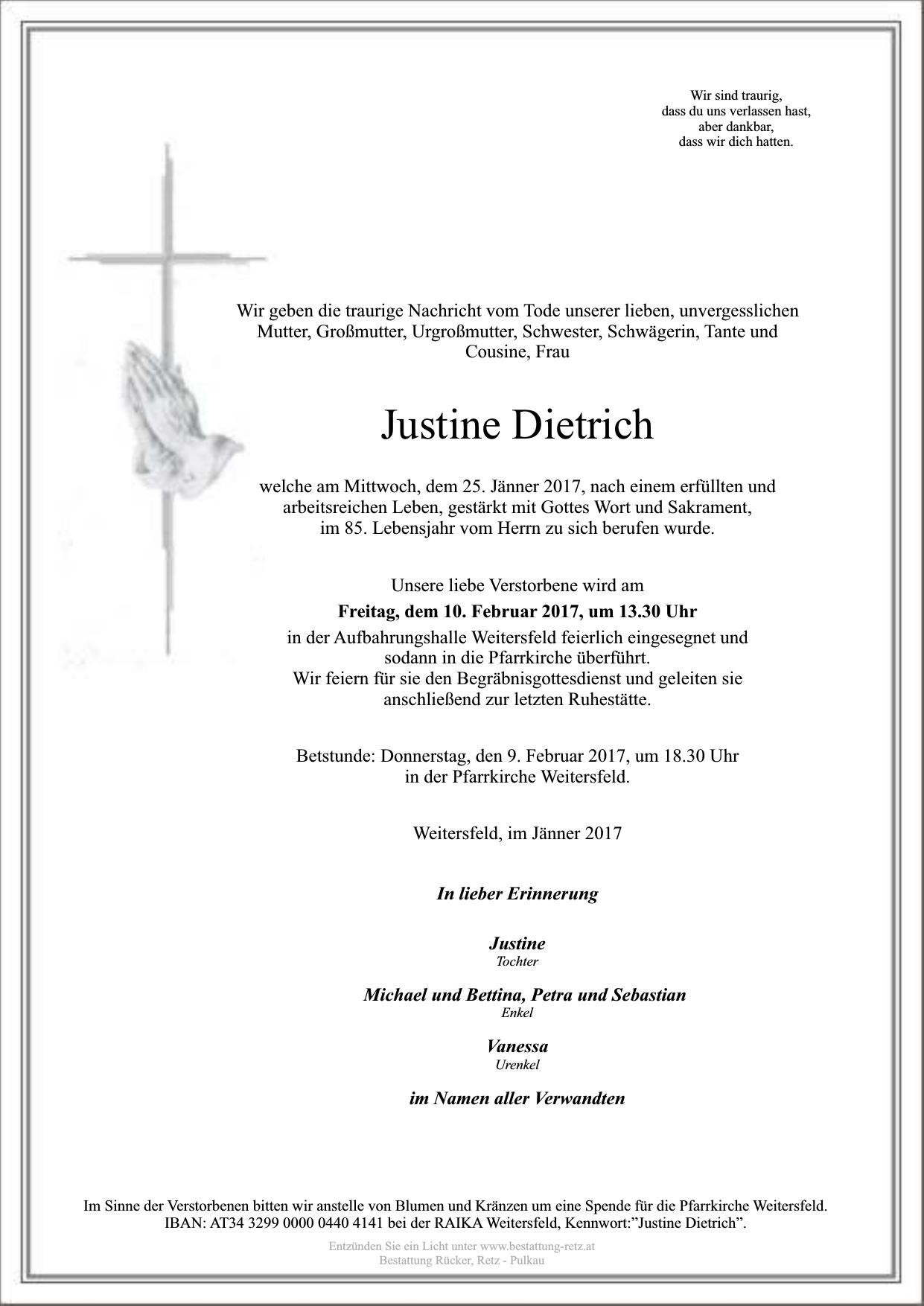 Traueranzeige von Justine Dietrich