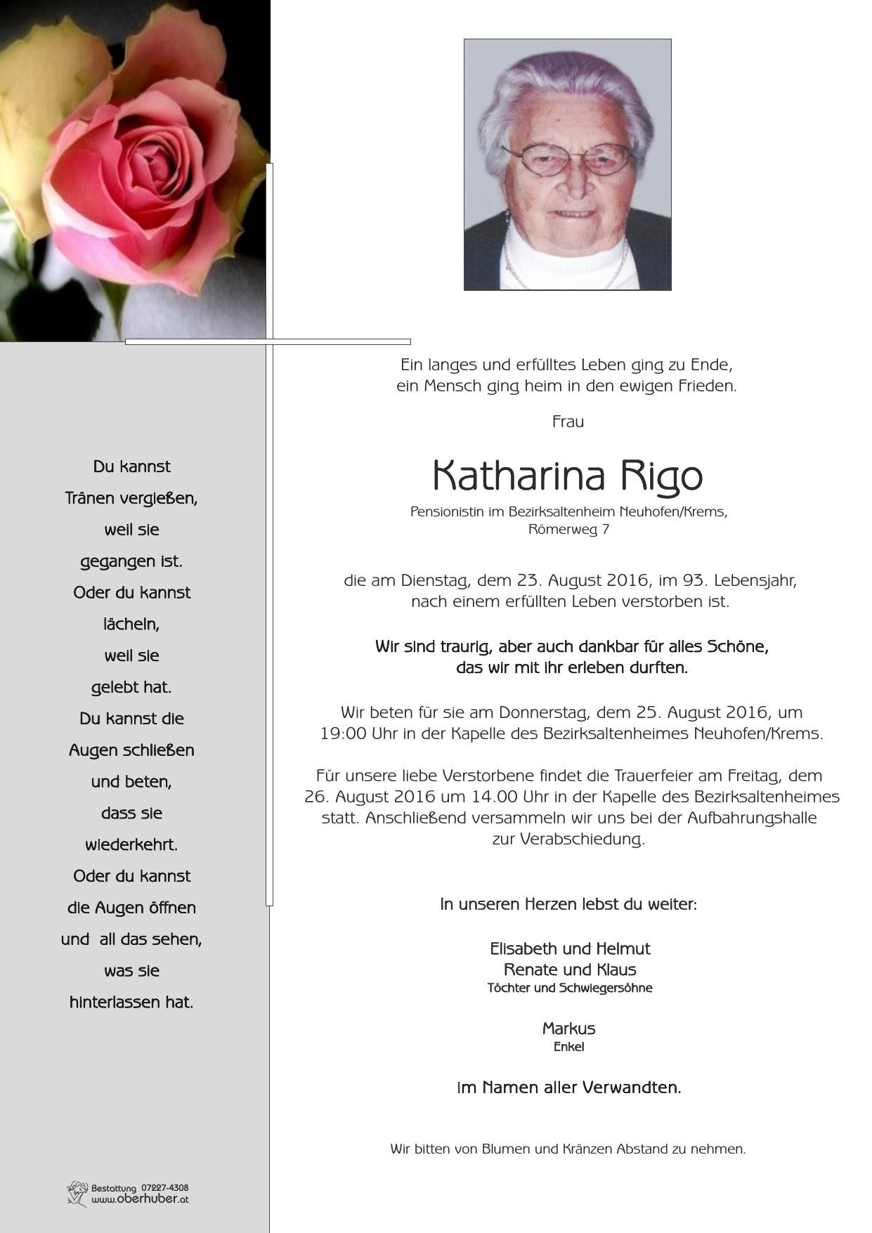 Traueranzeige von Katharina Rigo