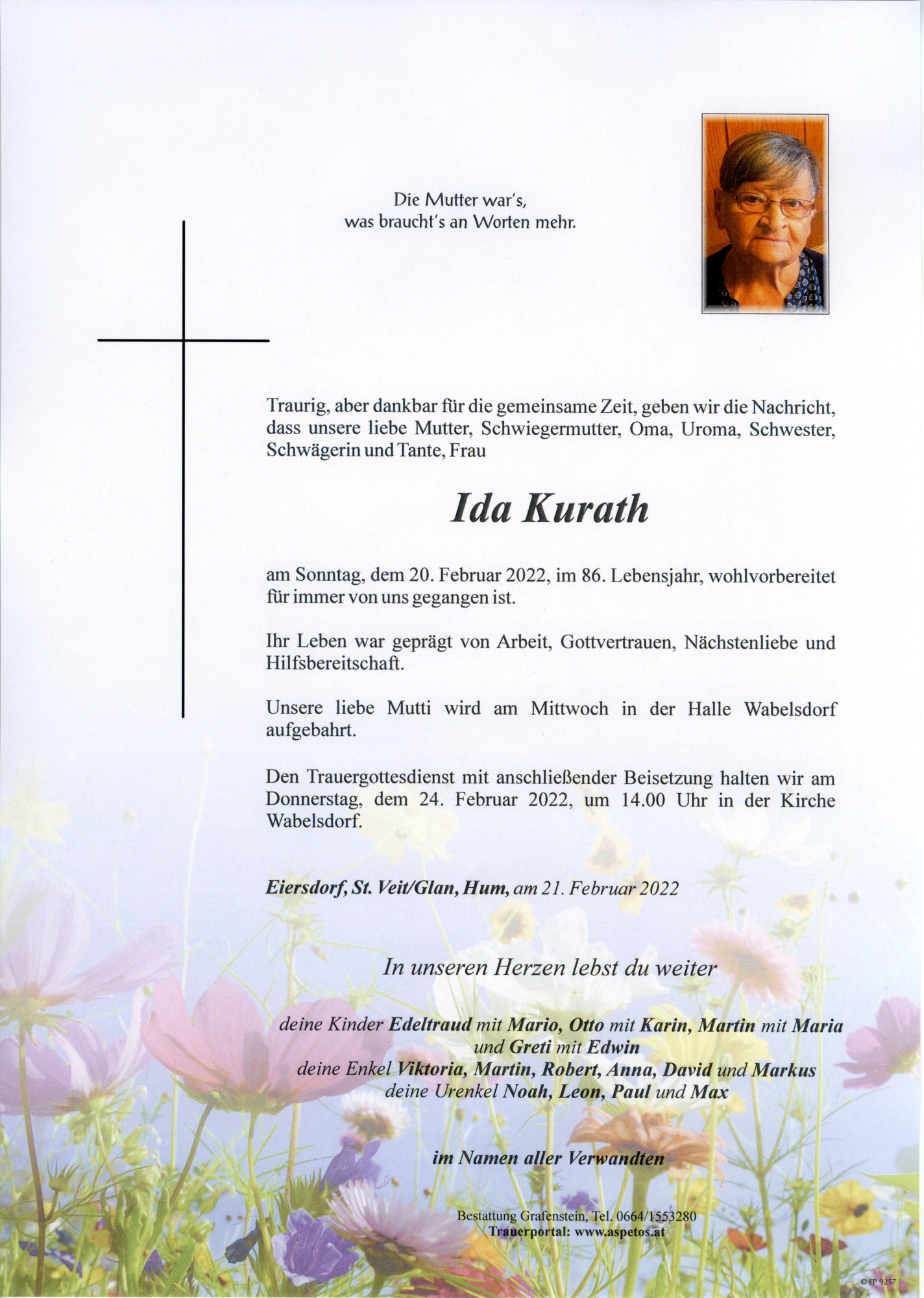 Traueranzeige von Frau Ida Kurath