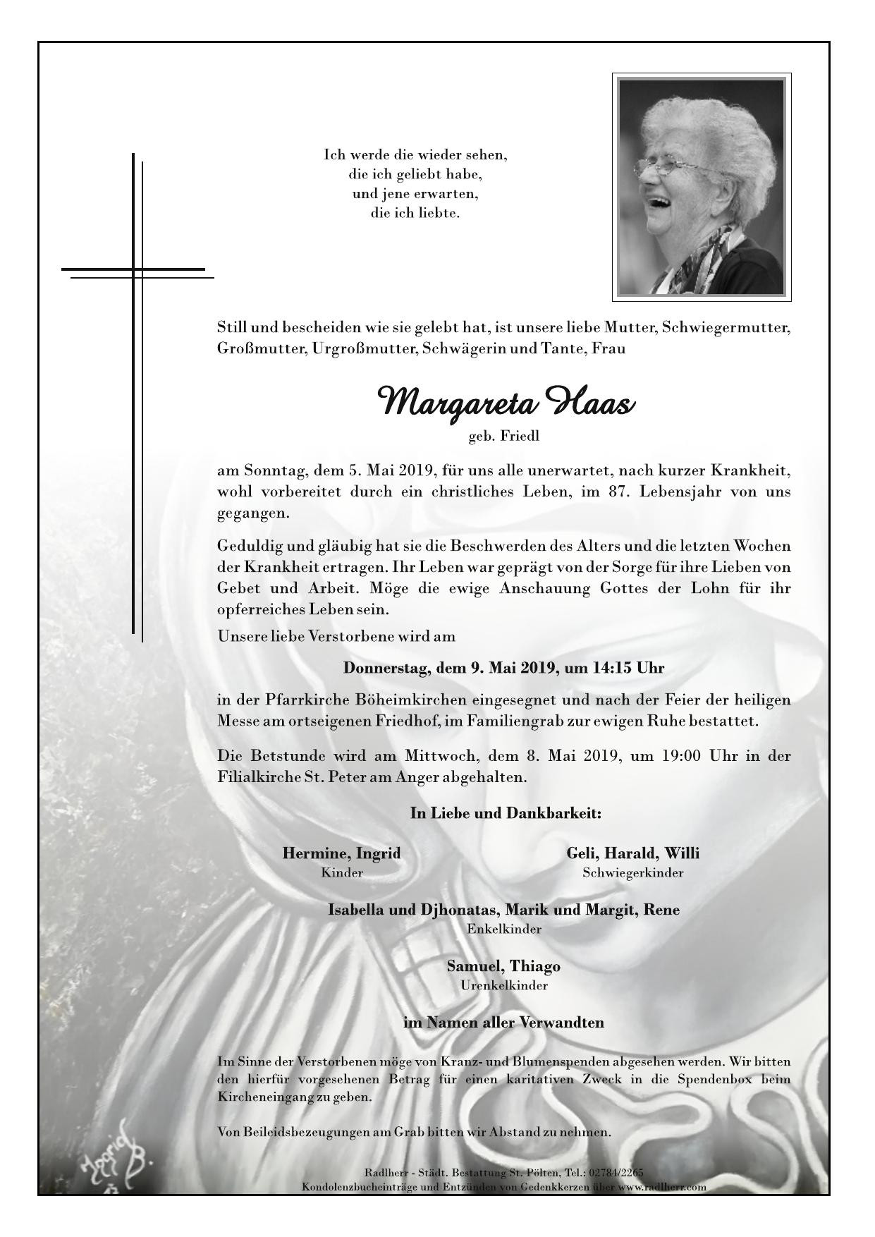 Traueranzeige von Margareta Haas