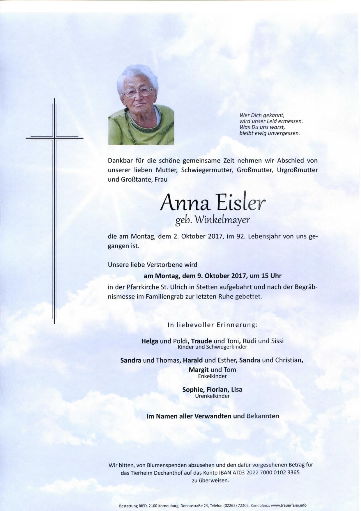 Traueranzeige von Anna Eisler