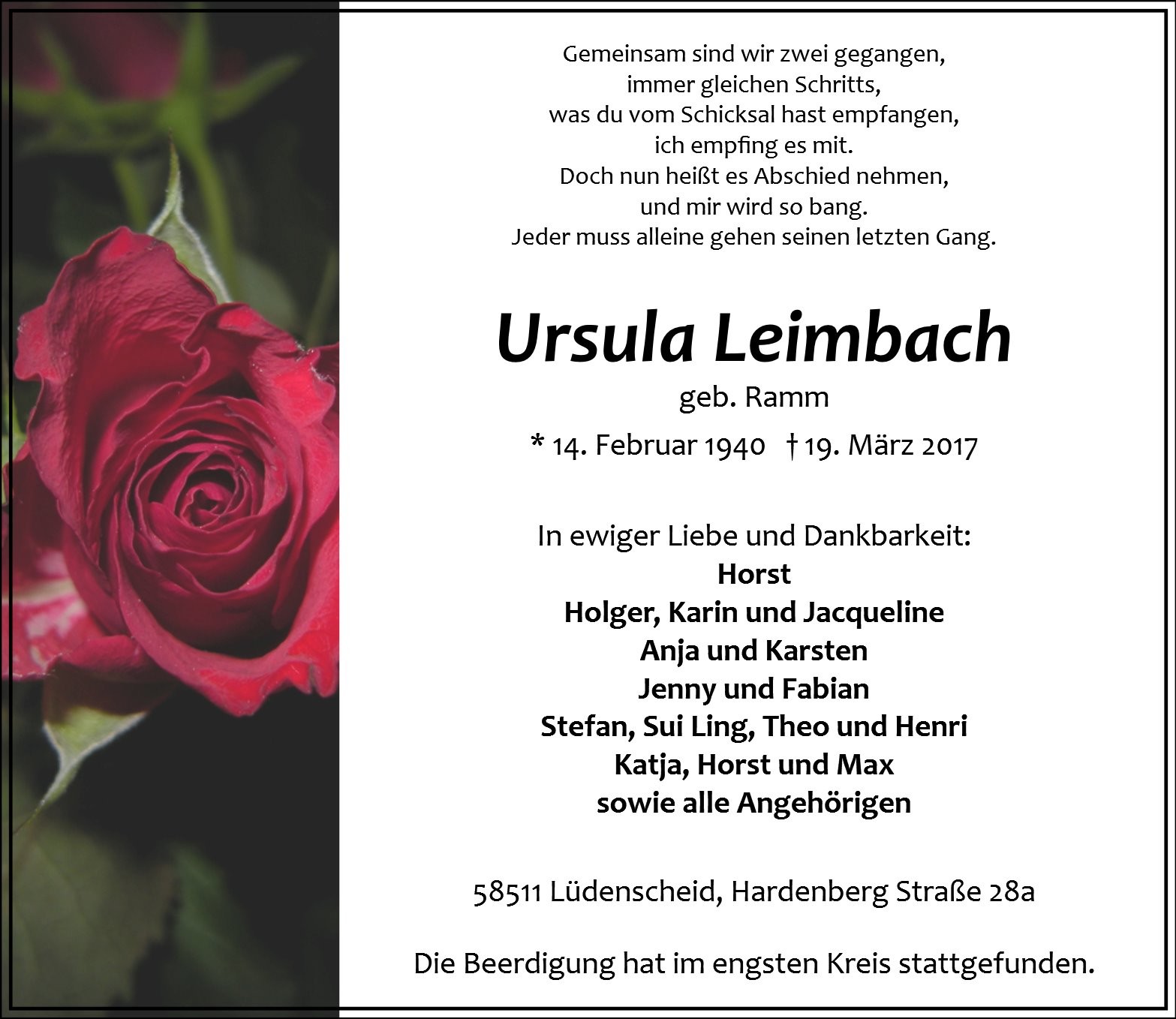 Traueranzeige von Ursula Leimbach