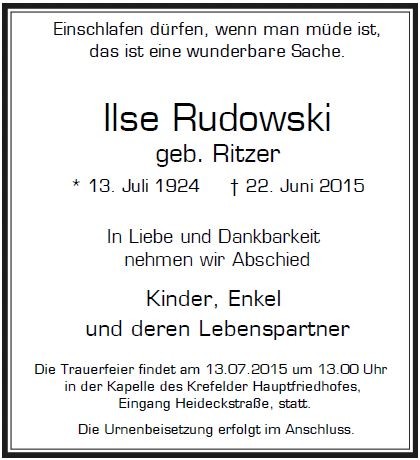 Traueranzeige von Ilse Rudowski