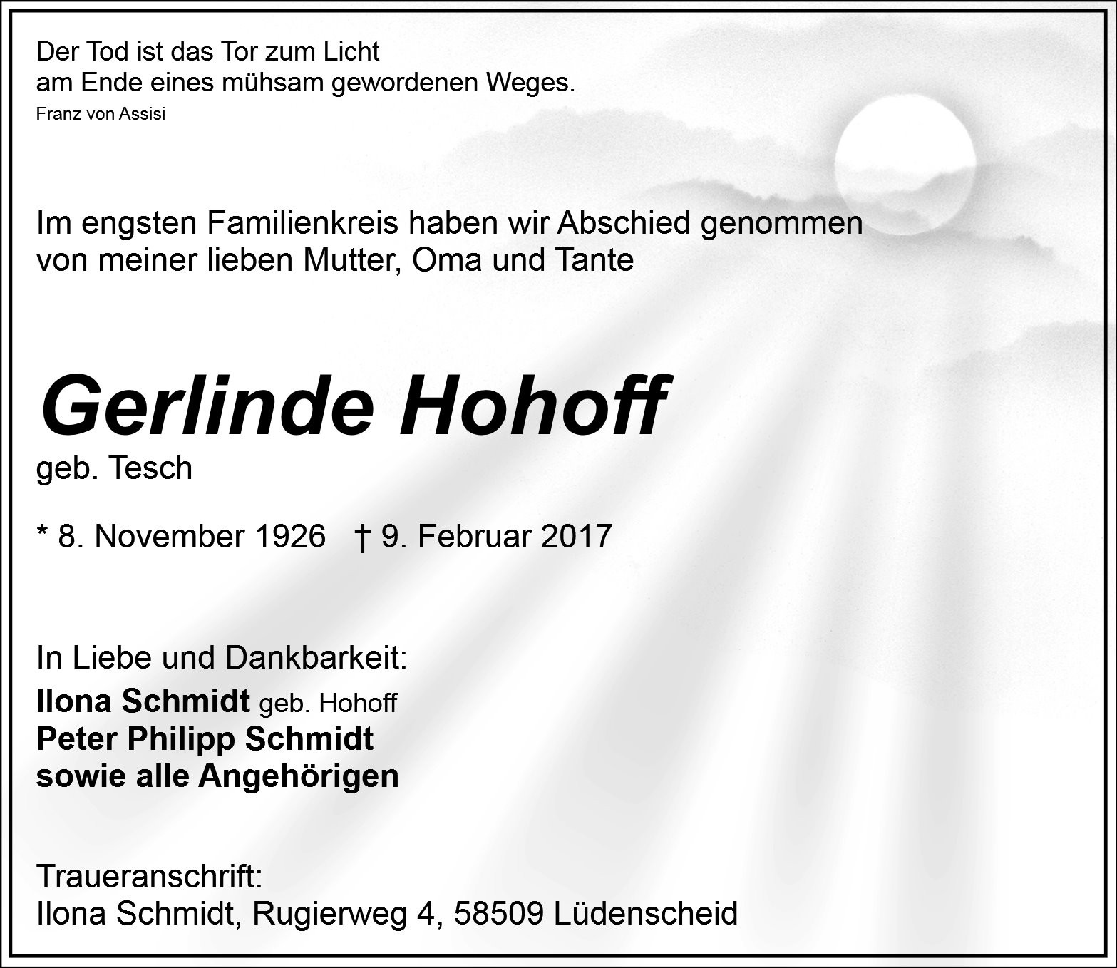 Traueranzeige von Gerlinde Hohoff