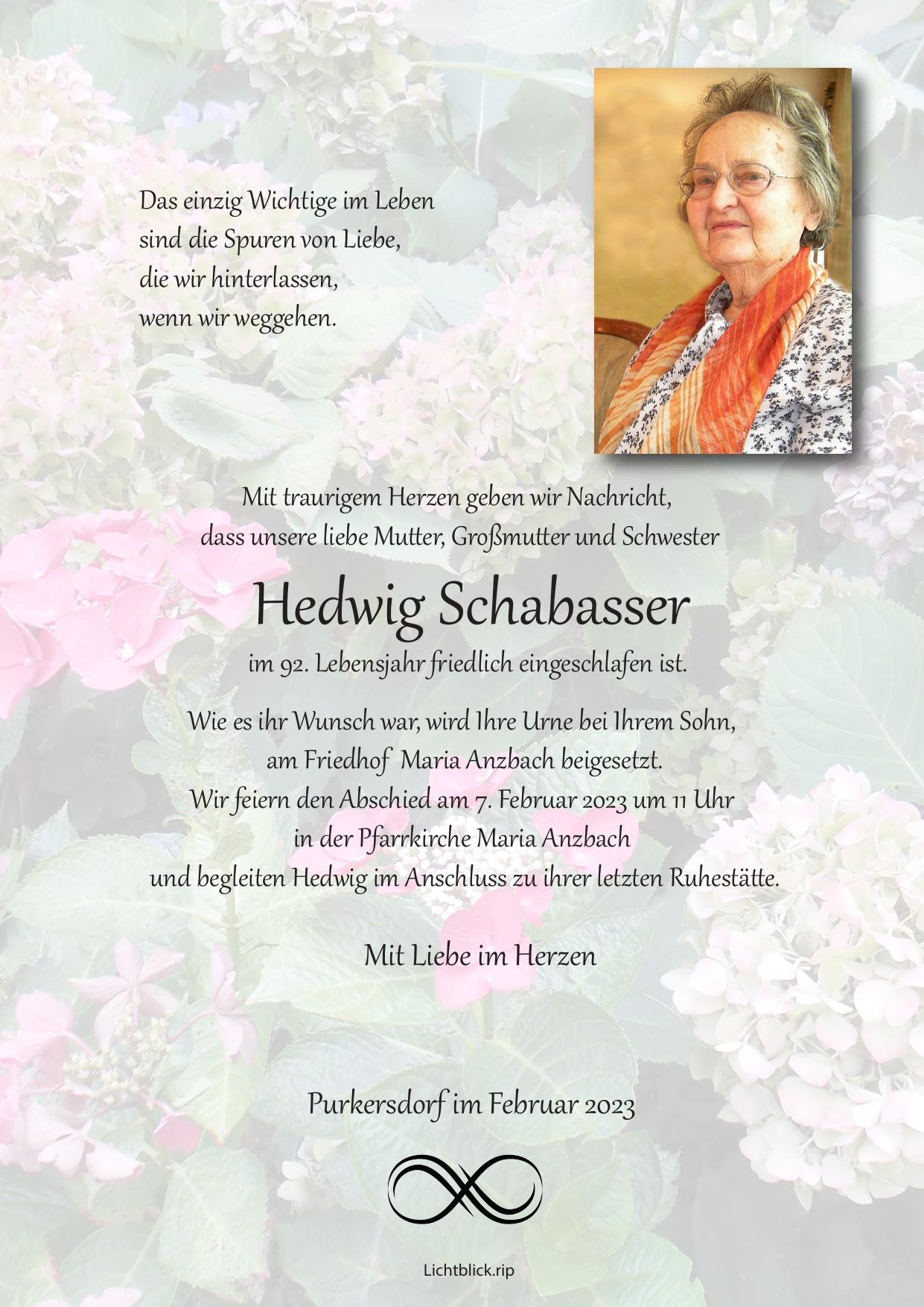 Traueranzeige von Hedwig Schabasser