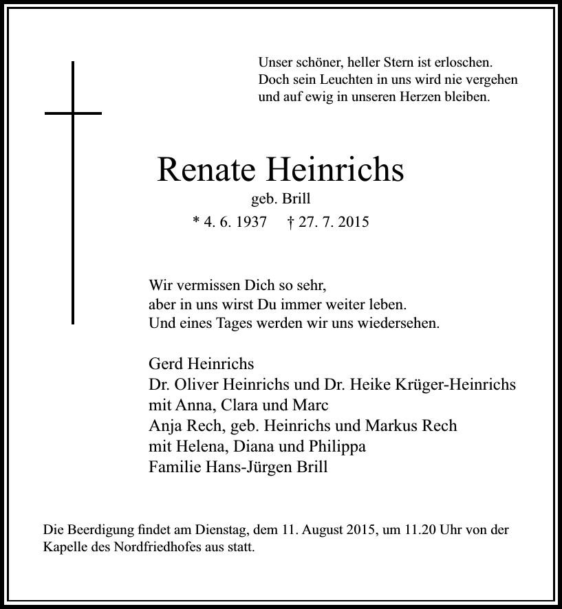 Traueranzeige von Renate Heinrichs