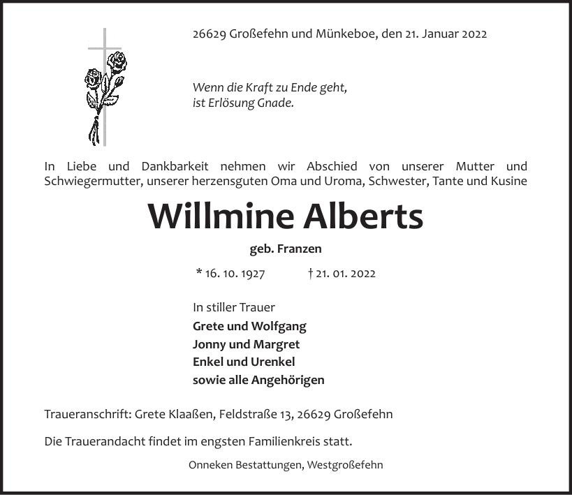 Traueranzeige von Willmine Alberts