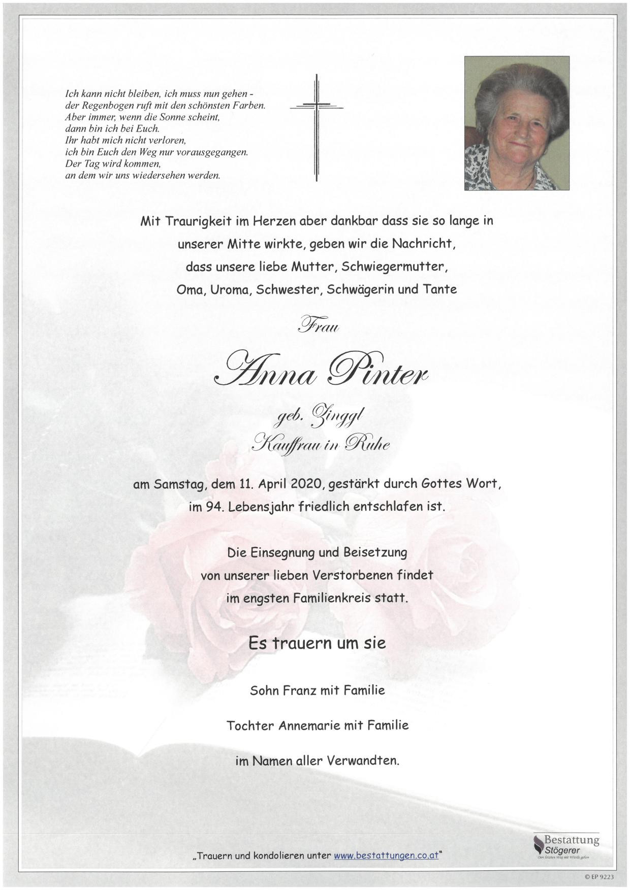 Traueranzeige von Anna Pinter