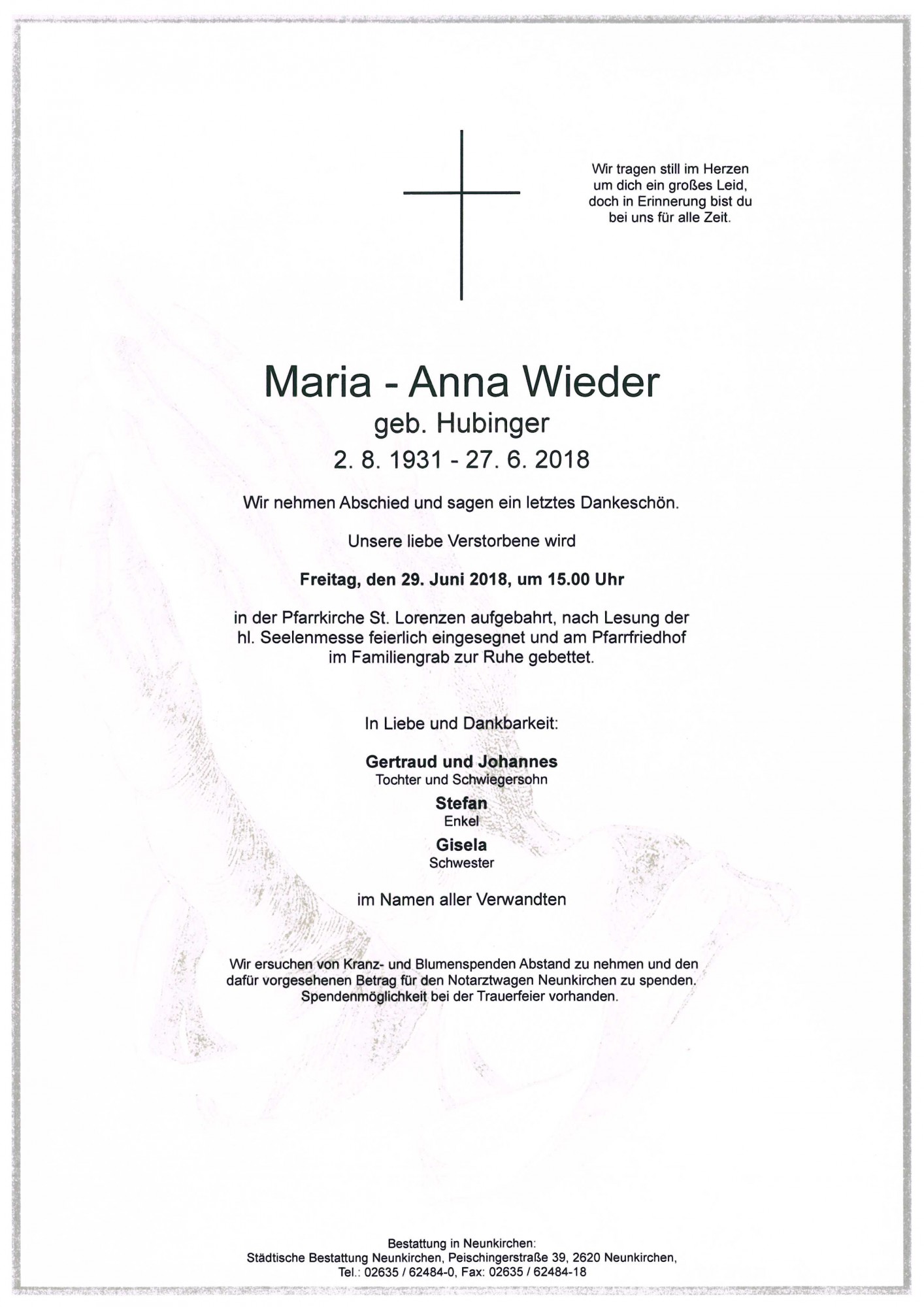 Traueranzeige von Maria-Anna Wieder