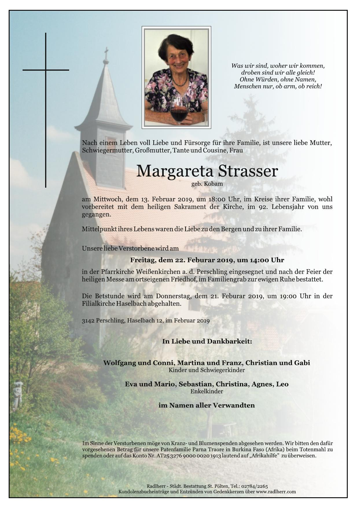 Traueranzeige von Margareta Strasser
