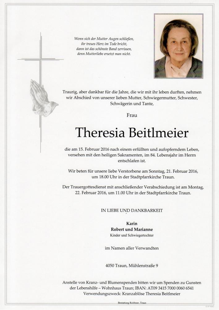 Traueranzeige von Theresia Breitlmeier