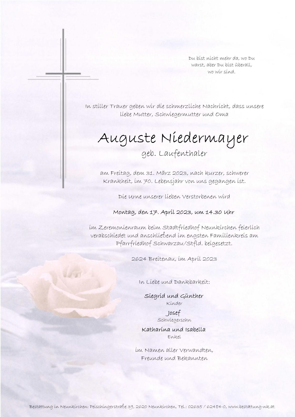 Traueranzeige von Auguste Niedermayer