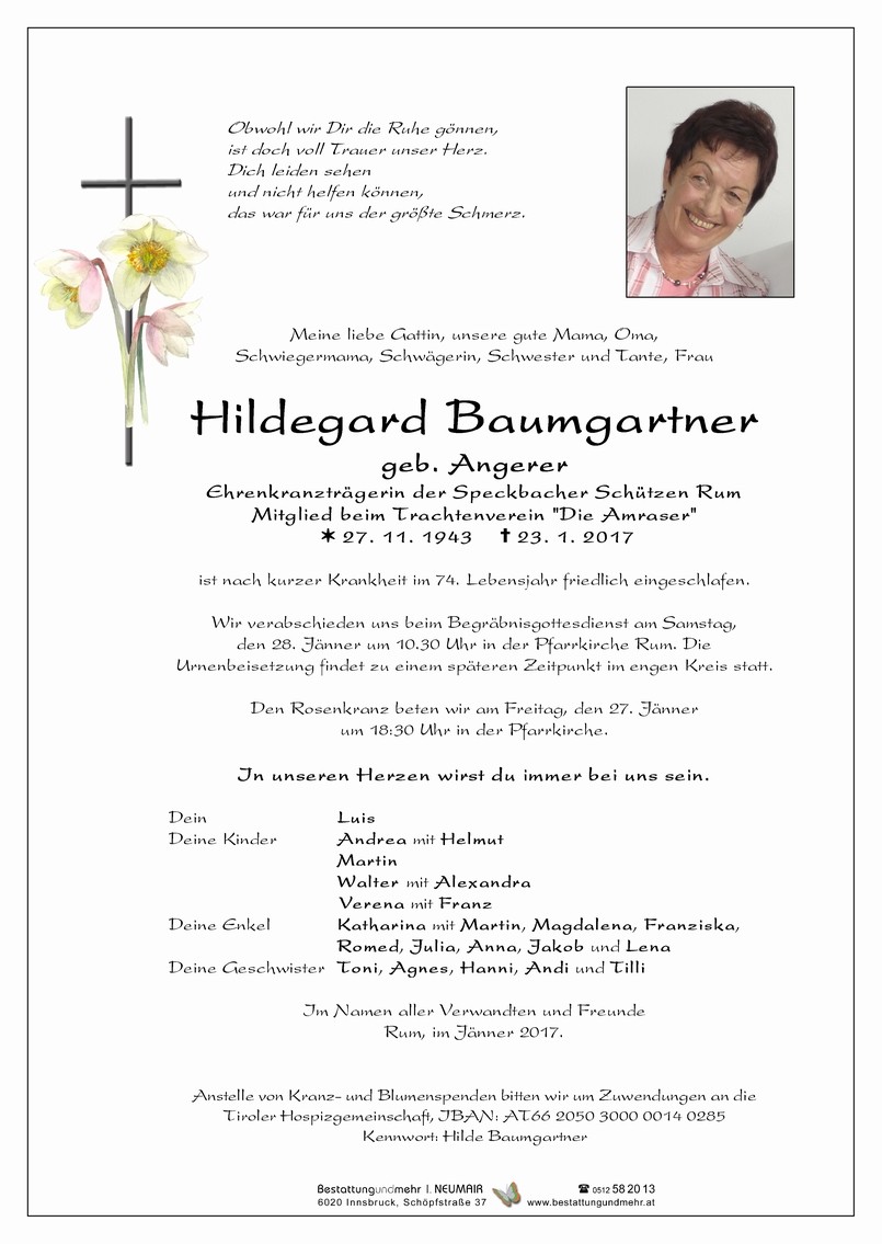 Traueranzeige von Hildegard Baumgartner