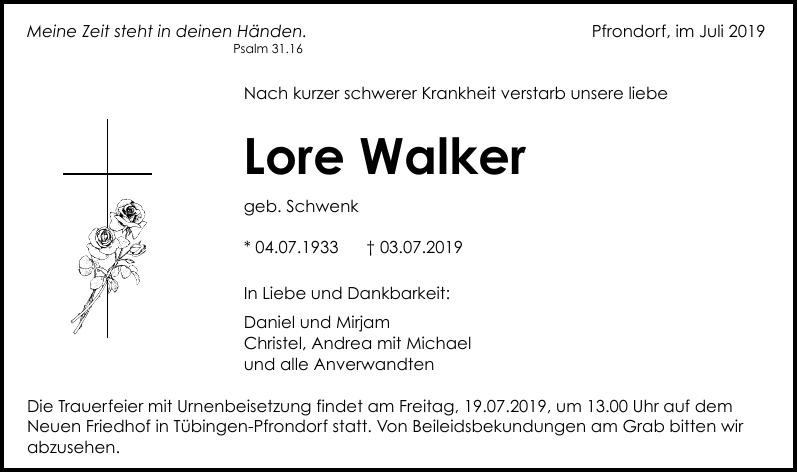 Traueranzeige von Lore Walker