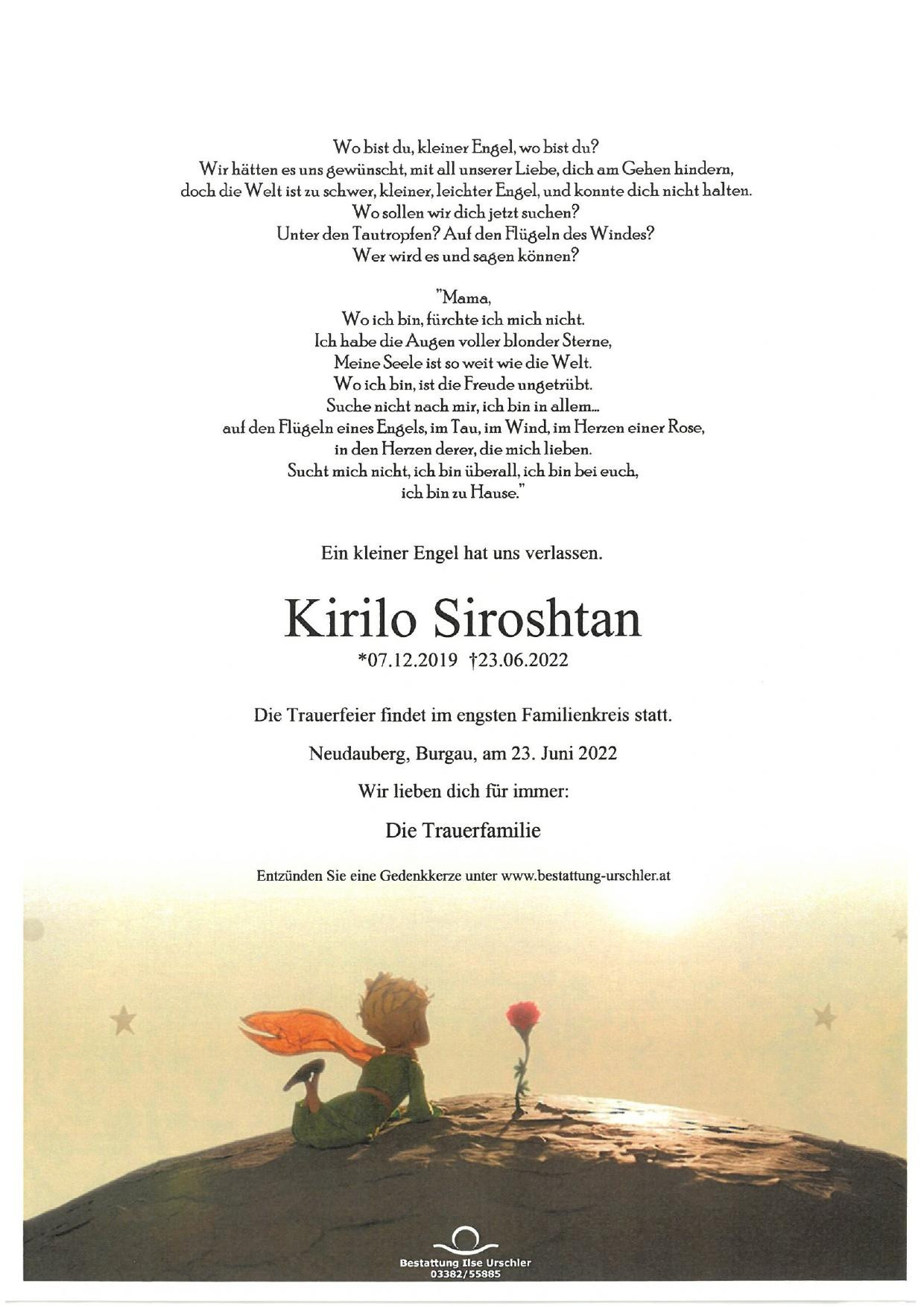 Traueranzeige von Kirilo Siroshtan