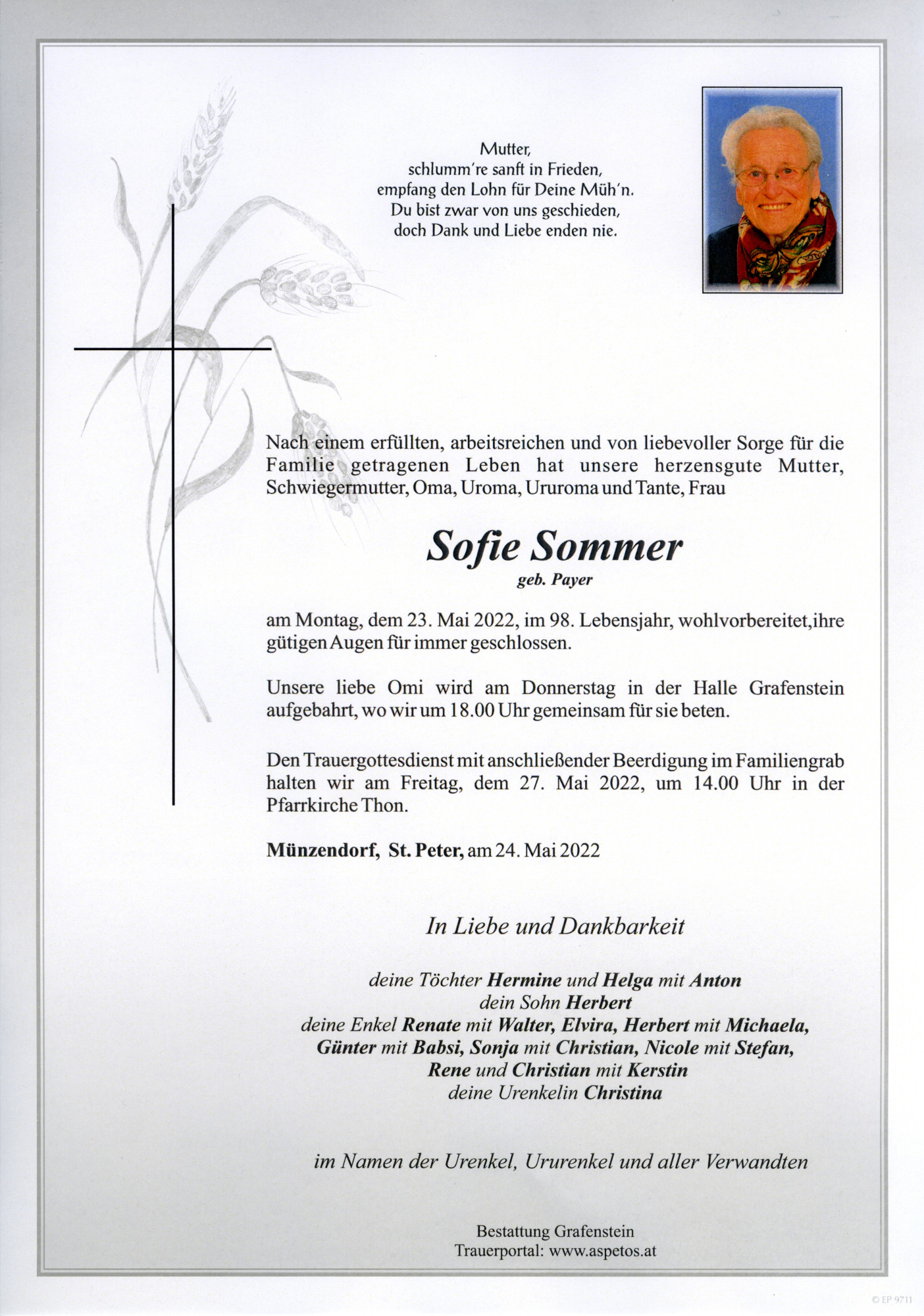 Traueranzeige von Frau Sofie Sommer