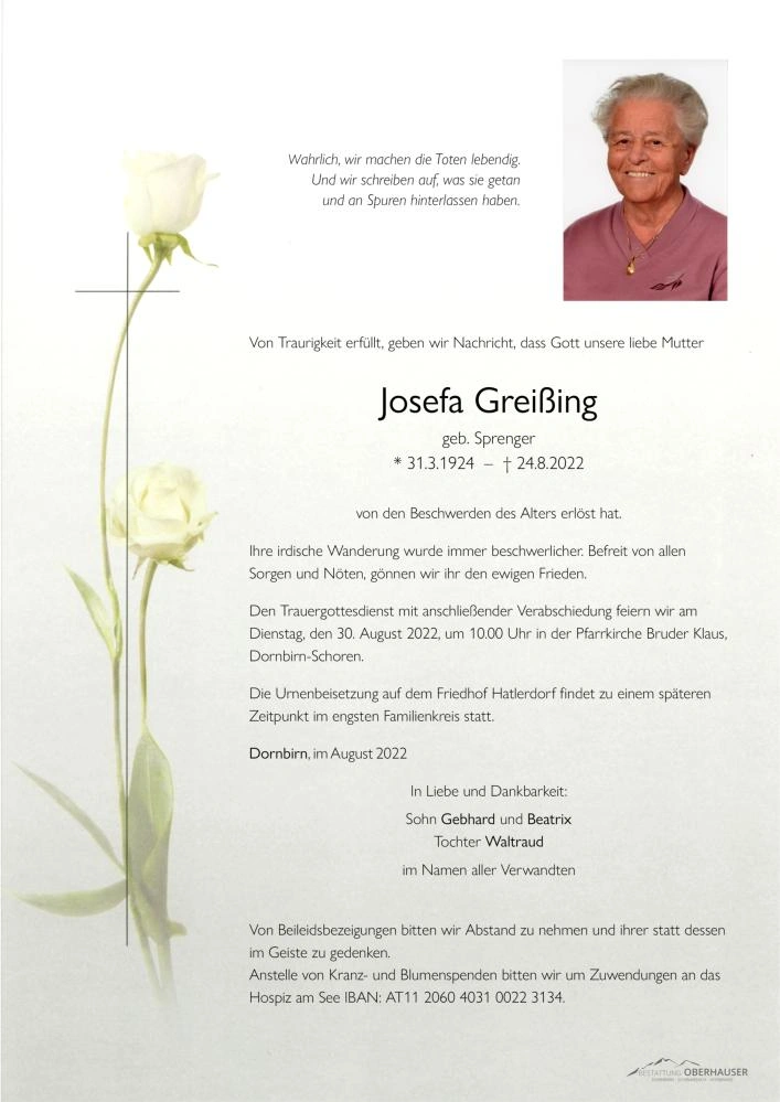 Traueranzeige von Josefa Greißing