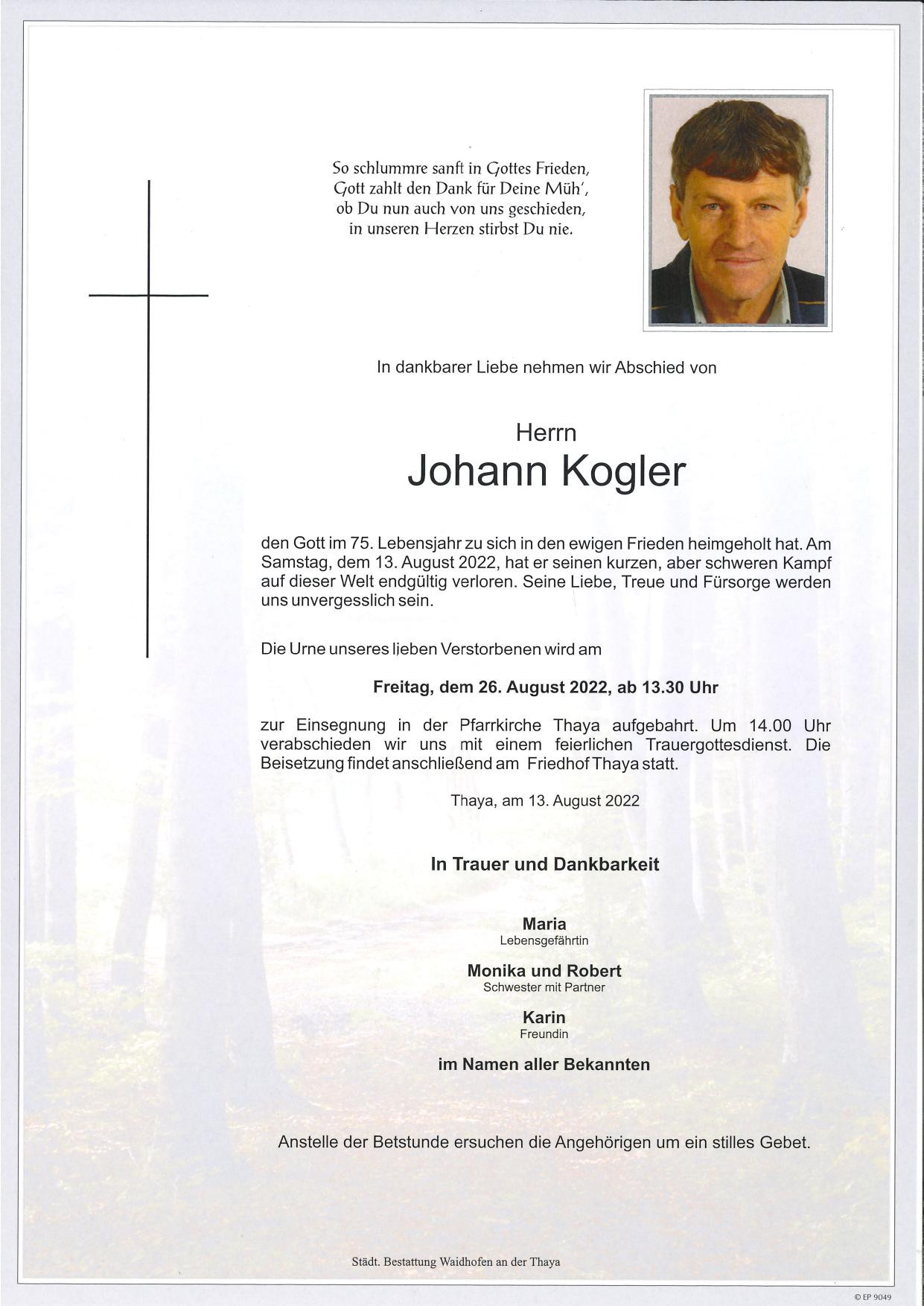 Traueranzeige von Johann Kogler