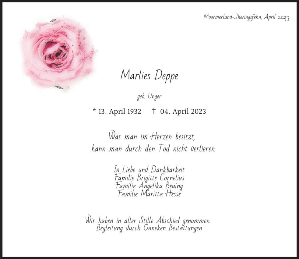 Traueranzeige von Marlies Deppe