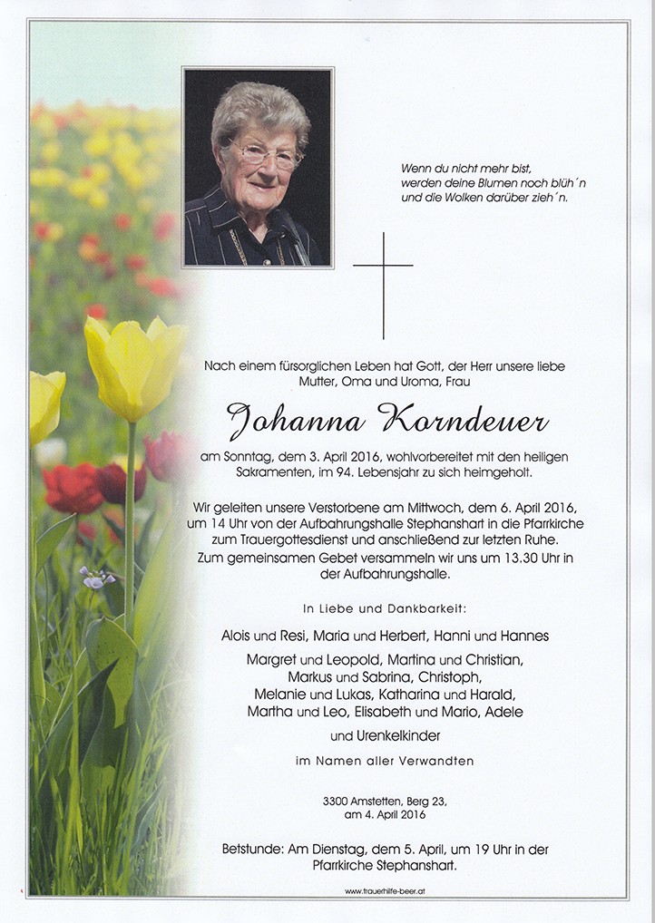 Traueranzeige von Johanna Korndeuer