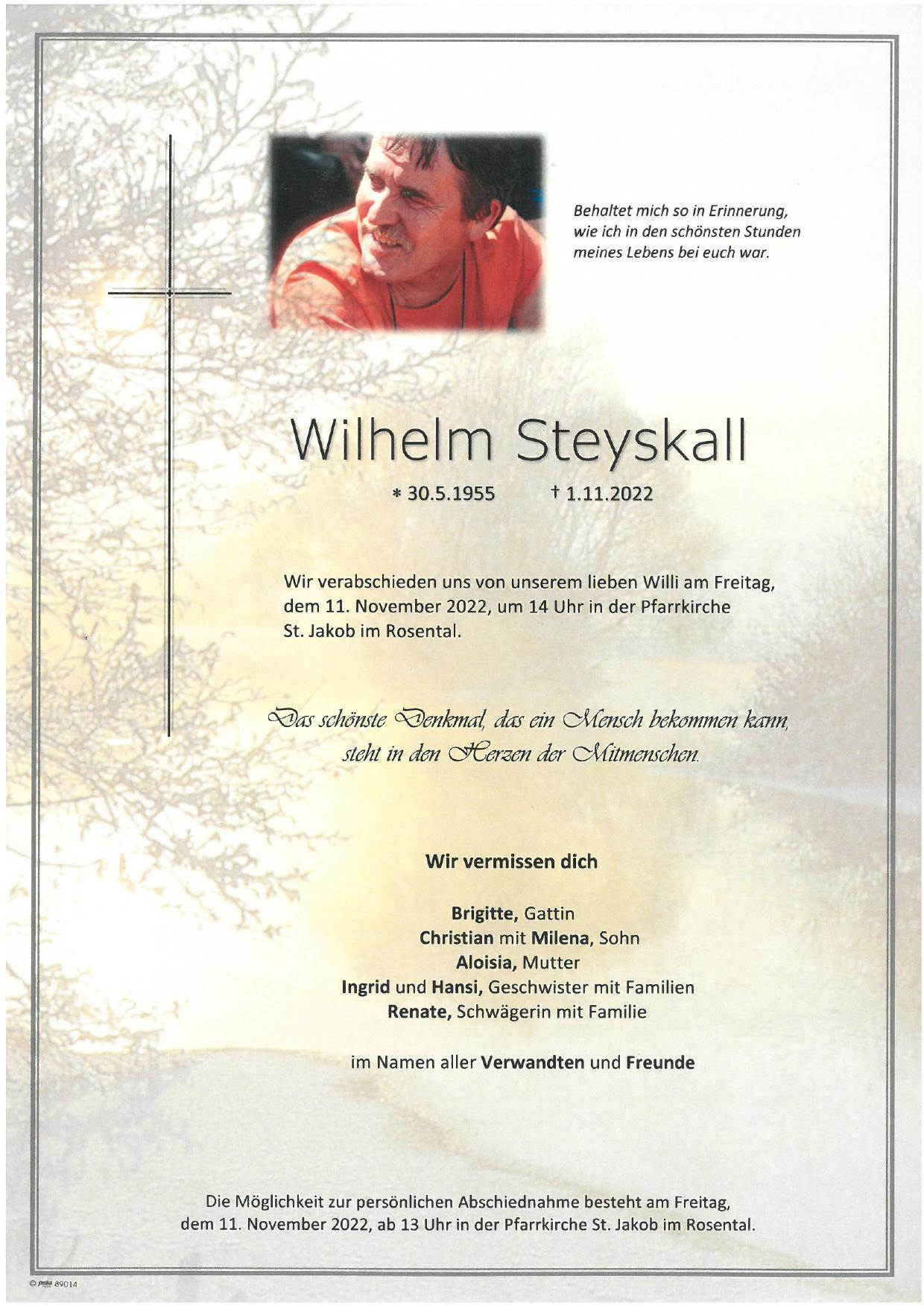 Traueranzeige von Wilhelm Steyskall