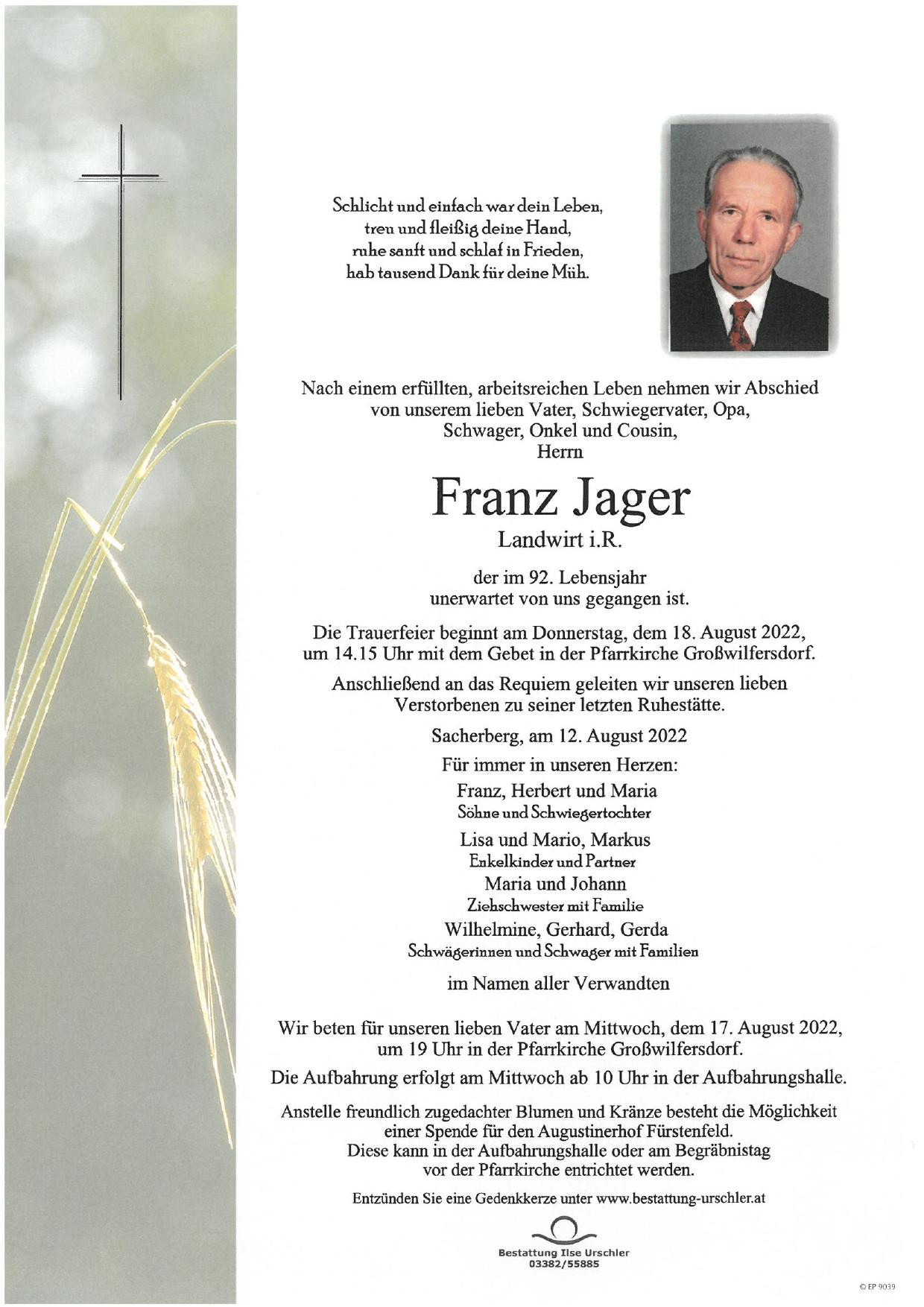 Traueranzeige von Franz Jager