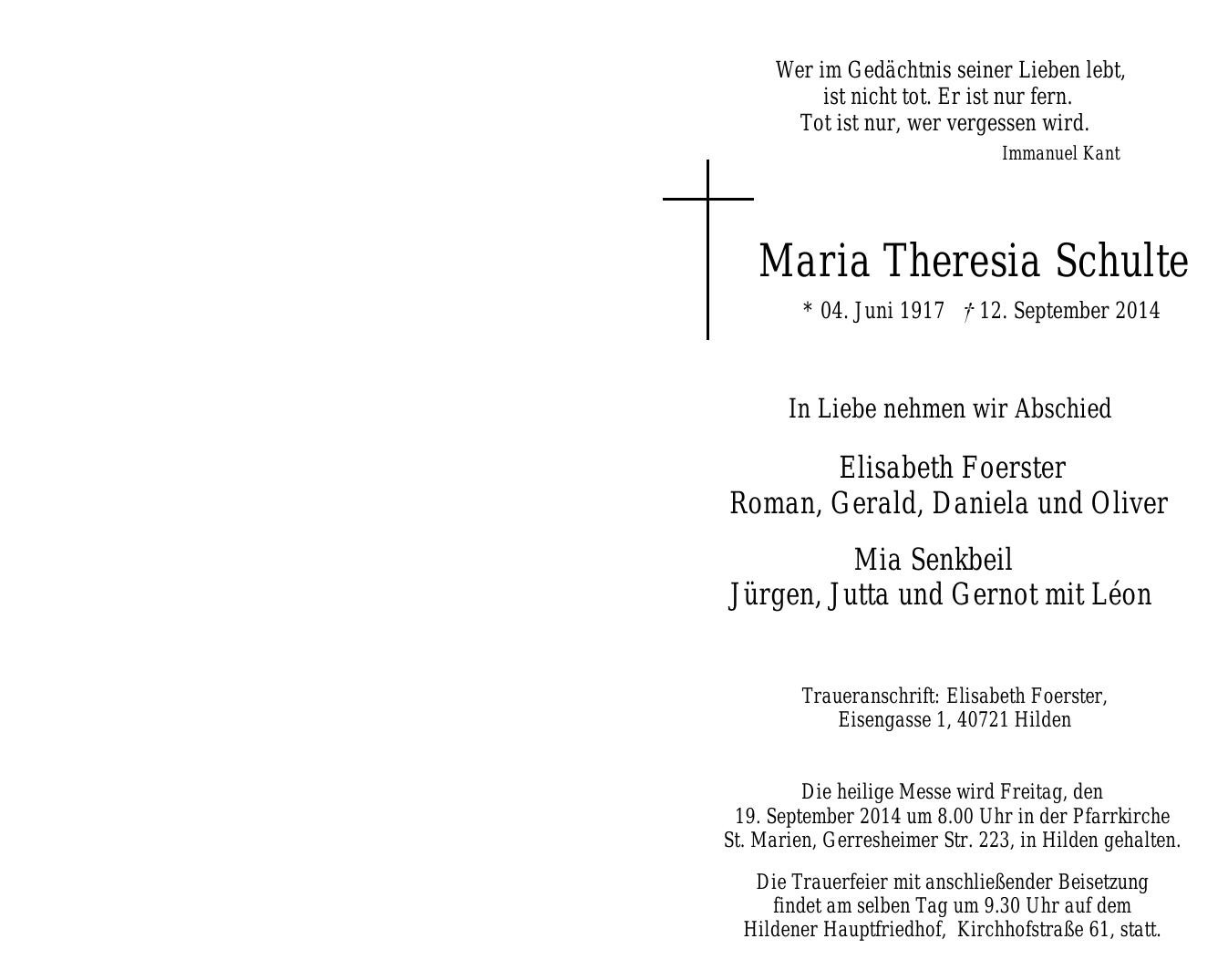 Traueranzeige von Maria Theresia Schulte
