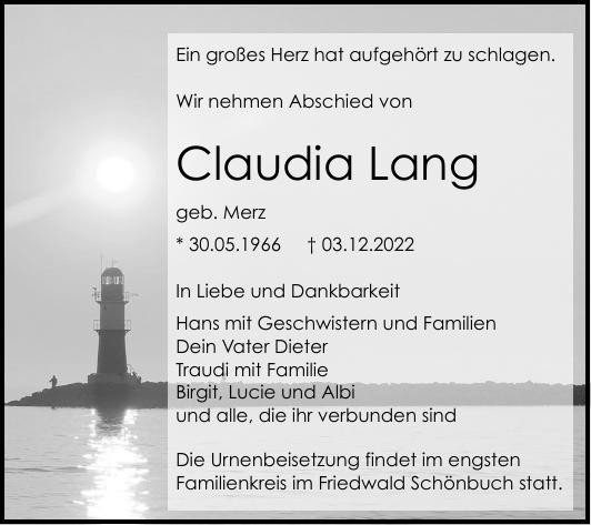Traueranzeige von Claudia Lang