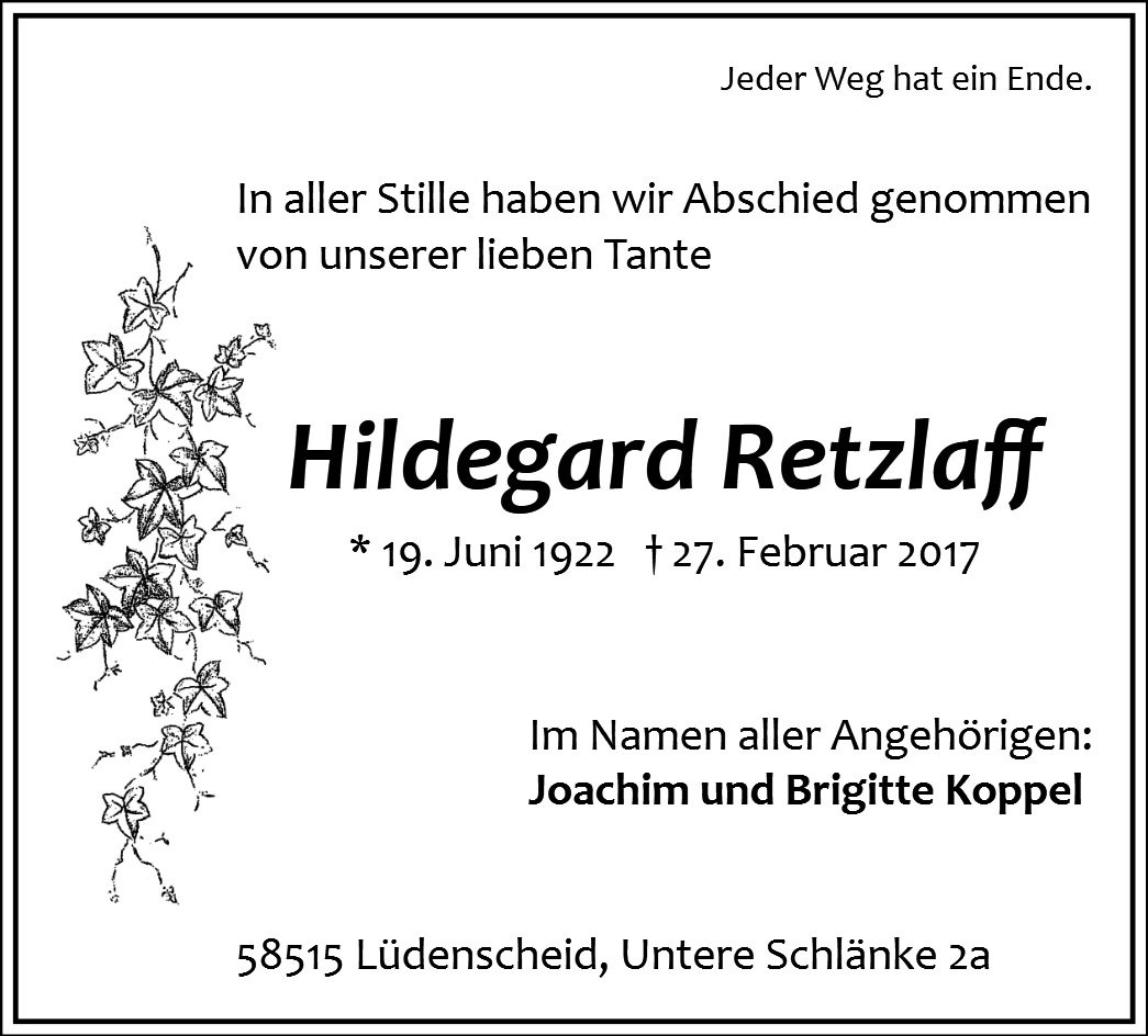 Traueranzeige von Hildegard Retzlaff