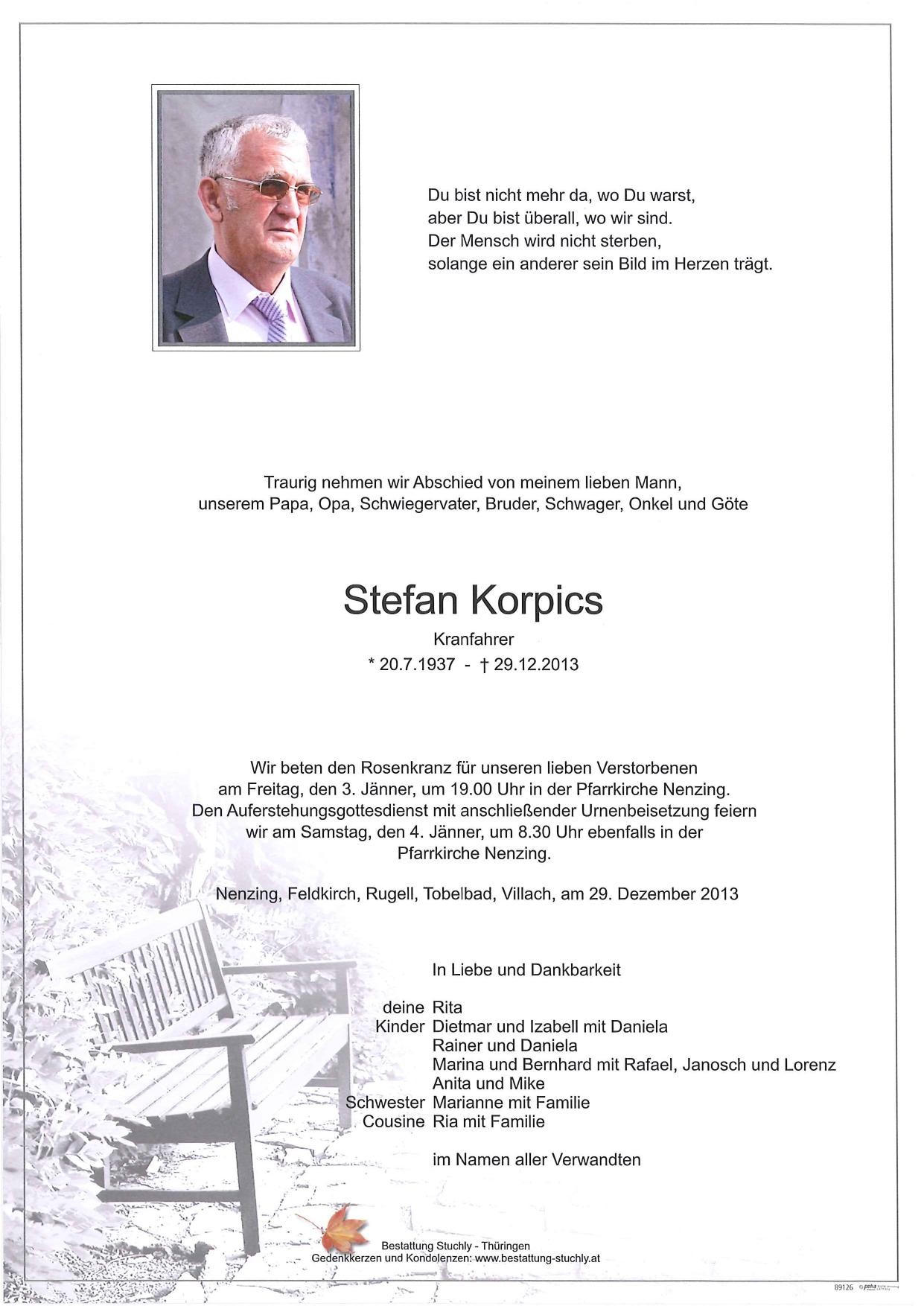 Traueranzeige von Stefan Korpics