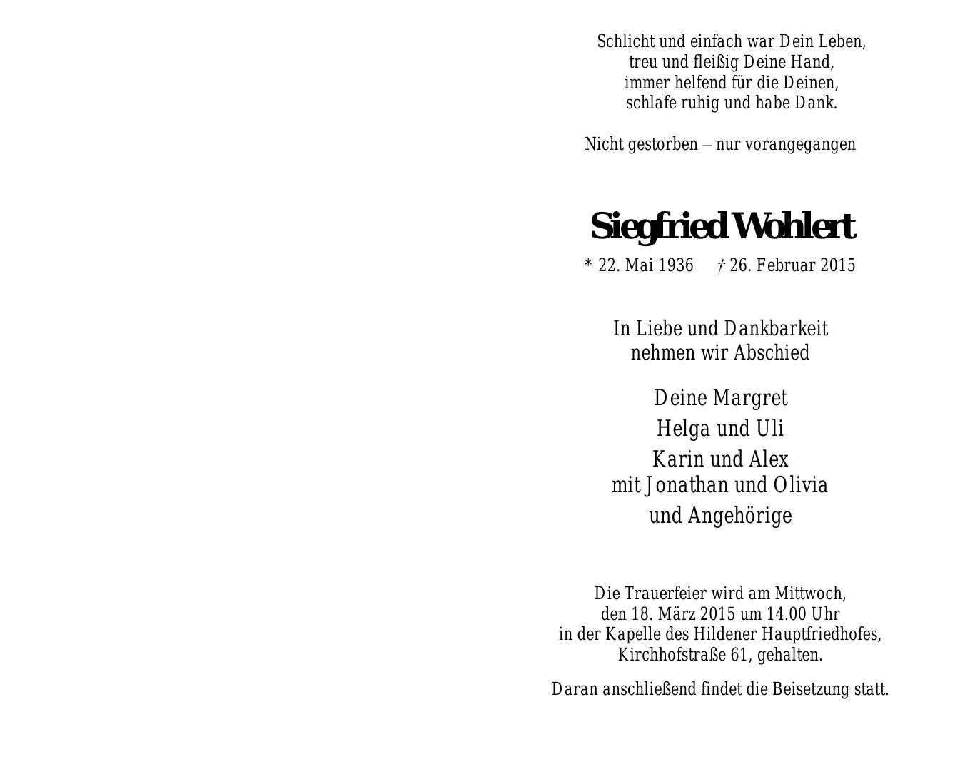 Traueranzeige von Siegfried Wohlert