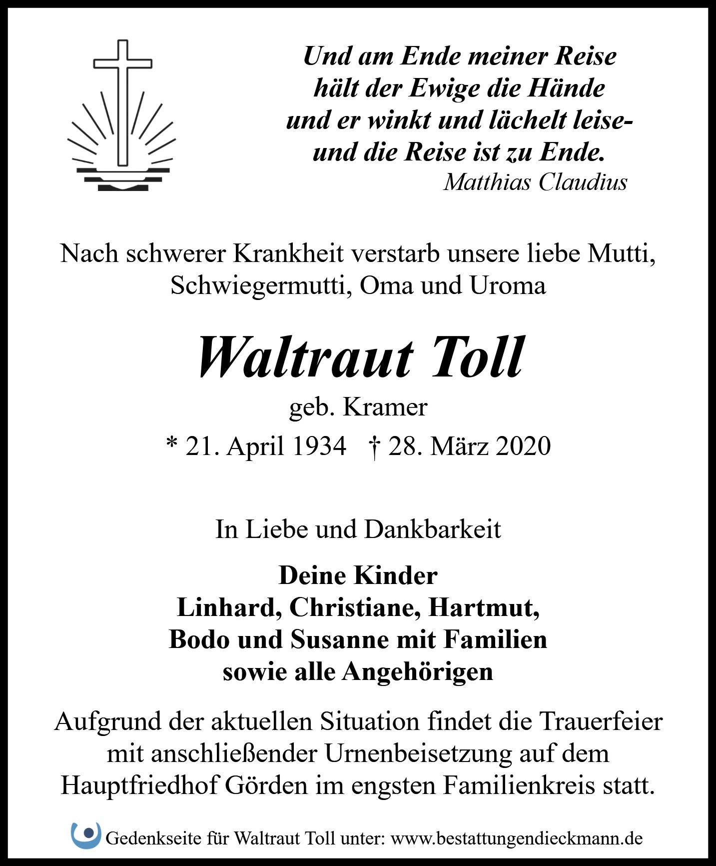 Traueranzeige von Waltraut Toll