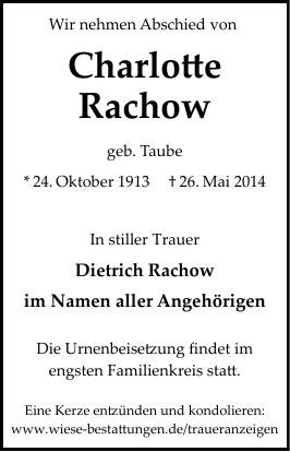 Traueranzeige von Charlotte Rachow
