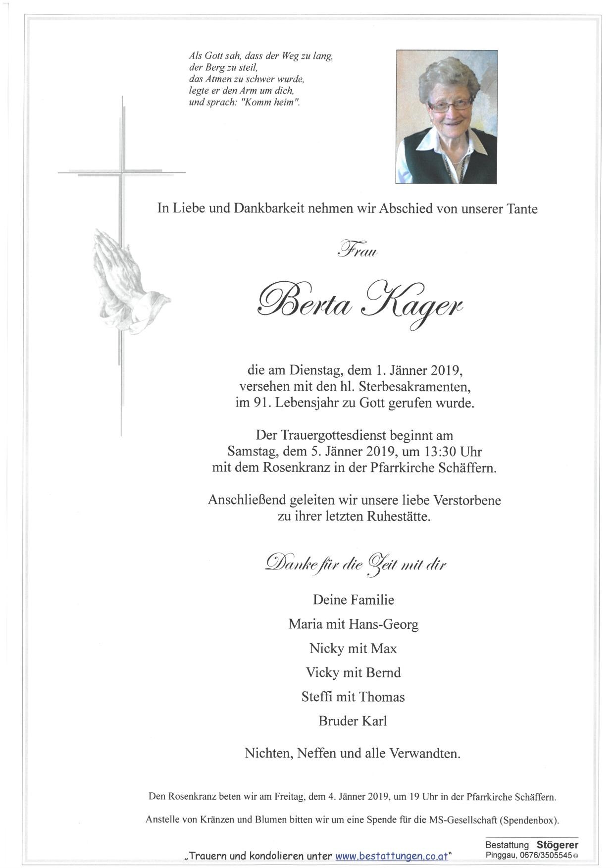 Traueranzeige von Kager Berta