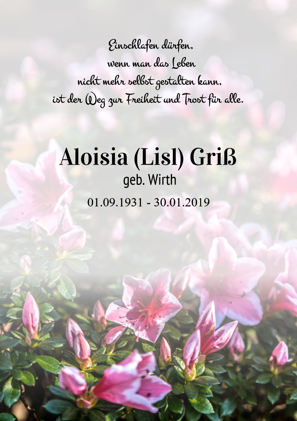 Traueranzeige von Aloisia (Lisl) Griß
