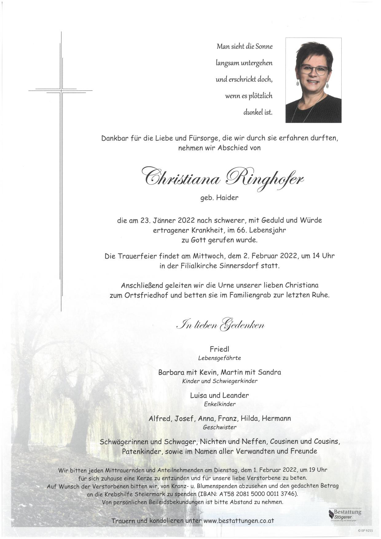 Traueranzeige von Christiana Ringhofer